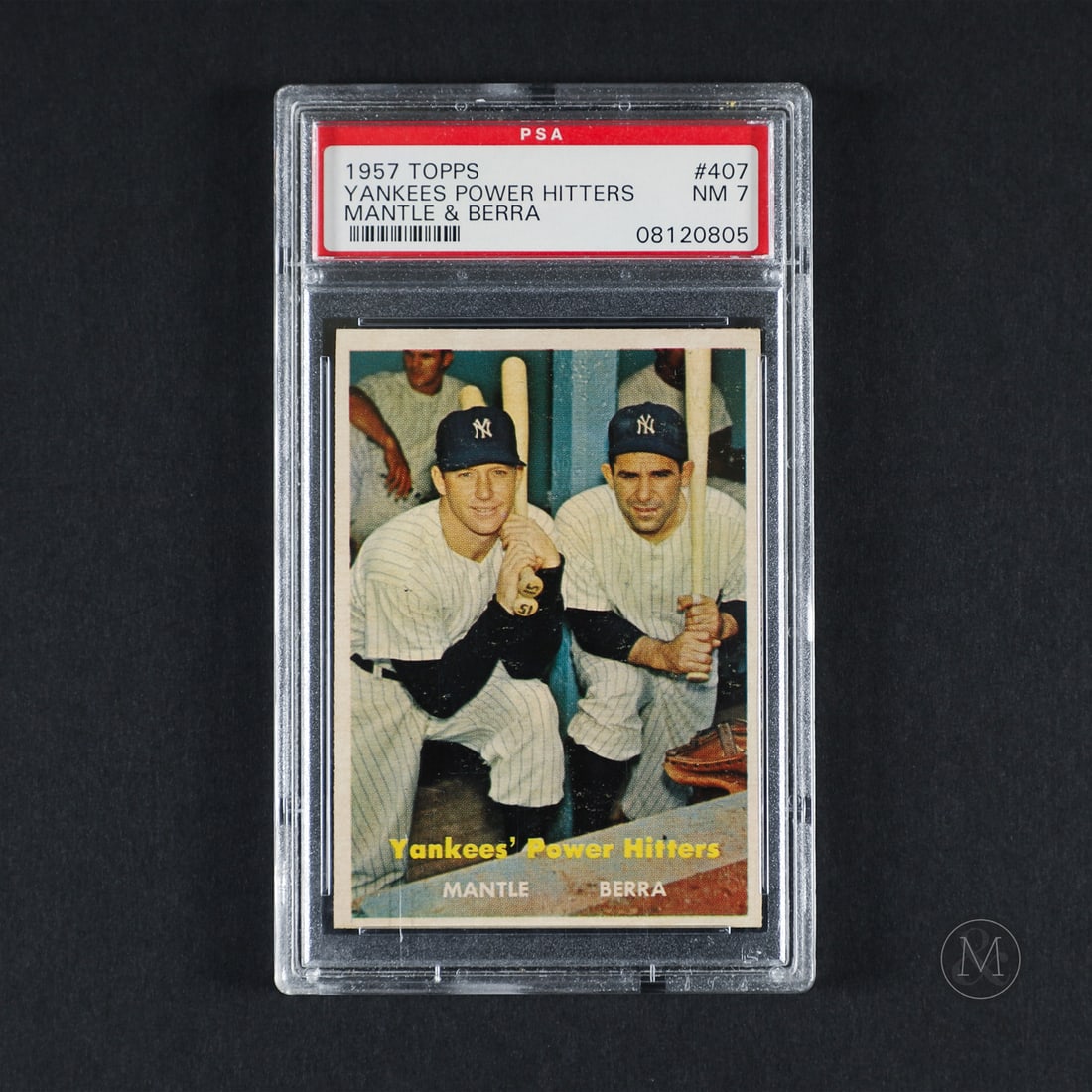1957 Topps #407 Yankees Power Hitters Mantle/Berra (PSA 7 NM): Offered here is the 1957 Topps multi-player card (#407) featuring Mickey Mantle and Yogi Berra. This issue is a significant late-series checklist card documenting the two core offensive leaders of the