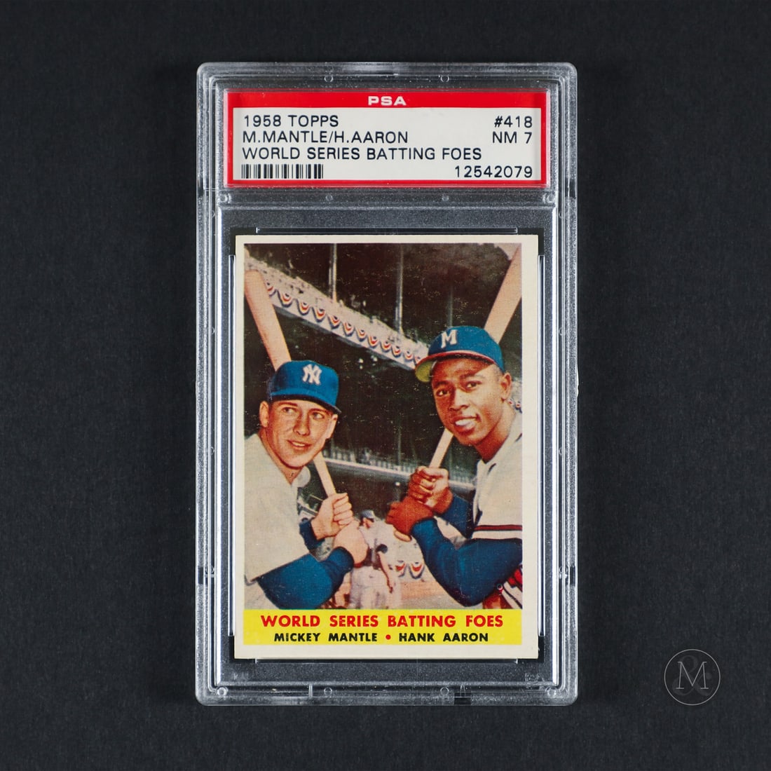 1958 Topps #418 Mickey Mantle (PSA 7 NM): Offered here is the 1958 Topps "World Series Batting Foes" card (#418). This issue is significant for showcasing superstars Mickey Mantle and Hank Aaron side-by-side during the peak of their careers.