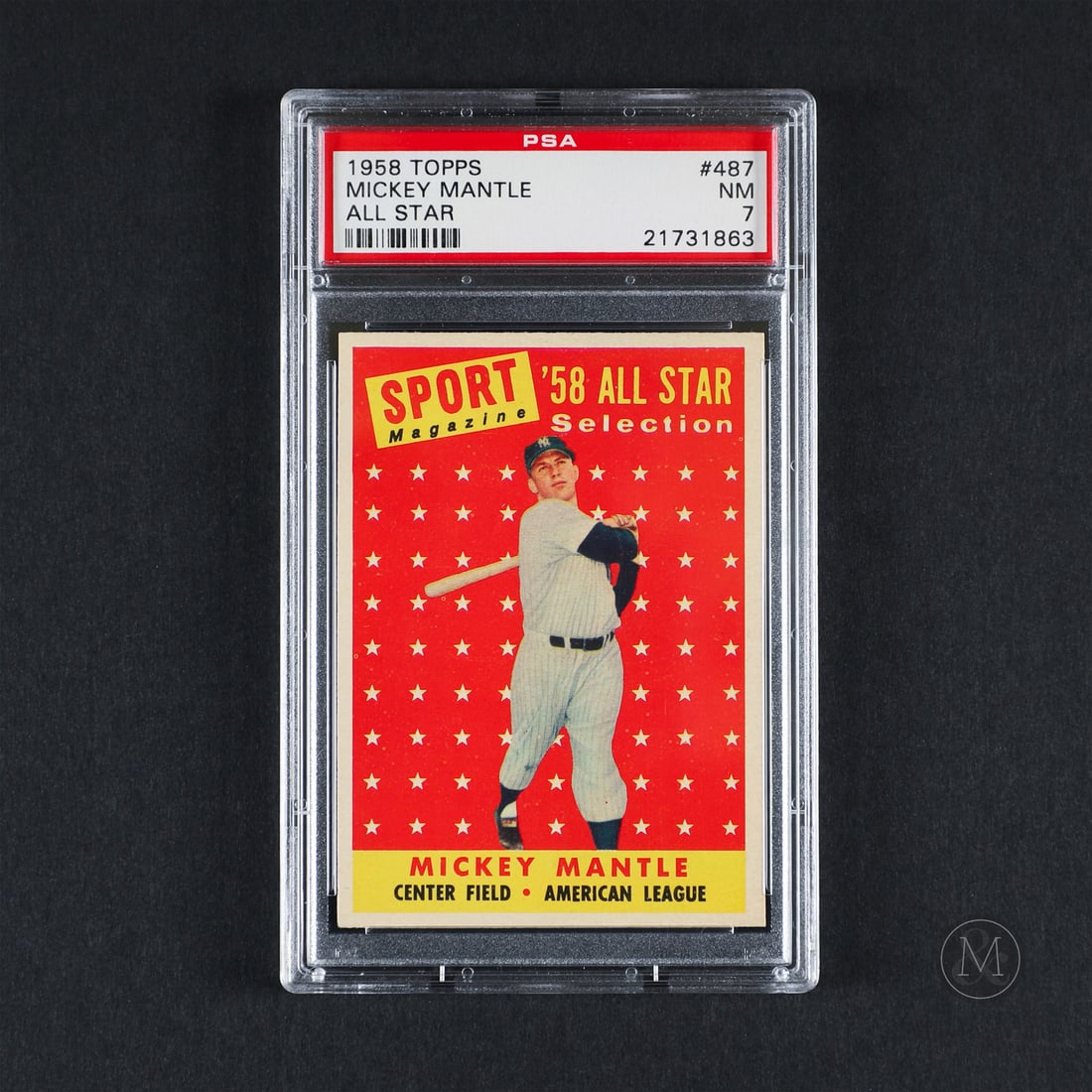 1958 Topps #487 Mickey Mantle (PSA 7 NM): Offered here is the 1958 Topps Mickey Mantle All-Star card (#487). This issue is significant as it comes from the inaugural Sport Magazine All-Star subset featured at the high-number end of the 1958 c