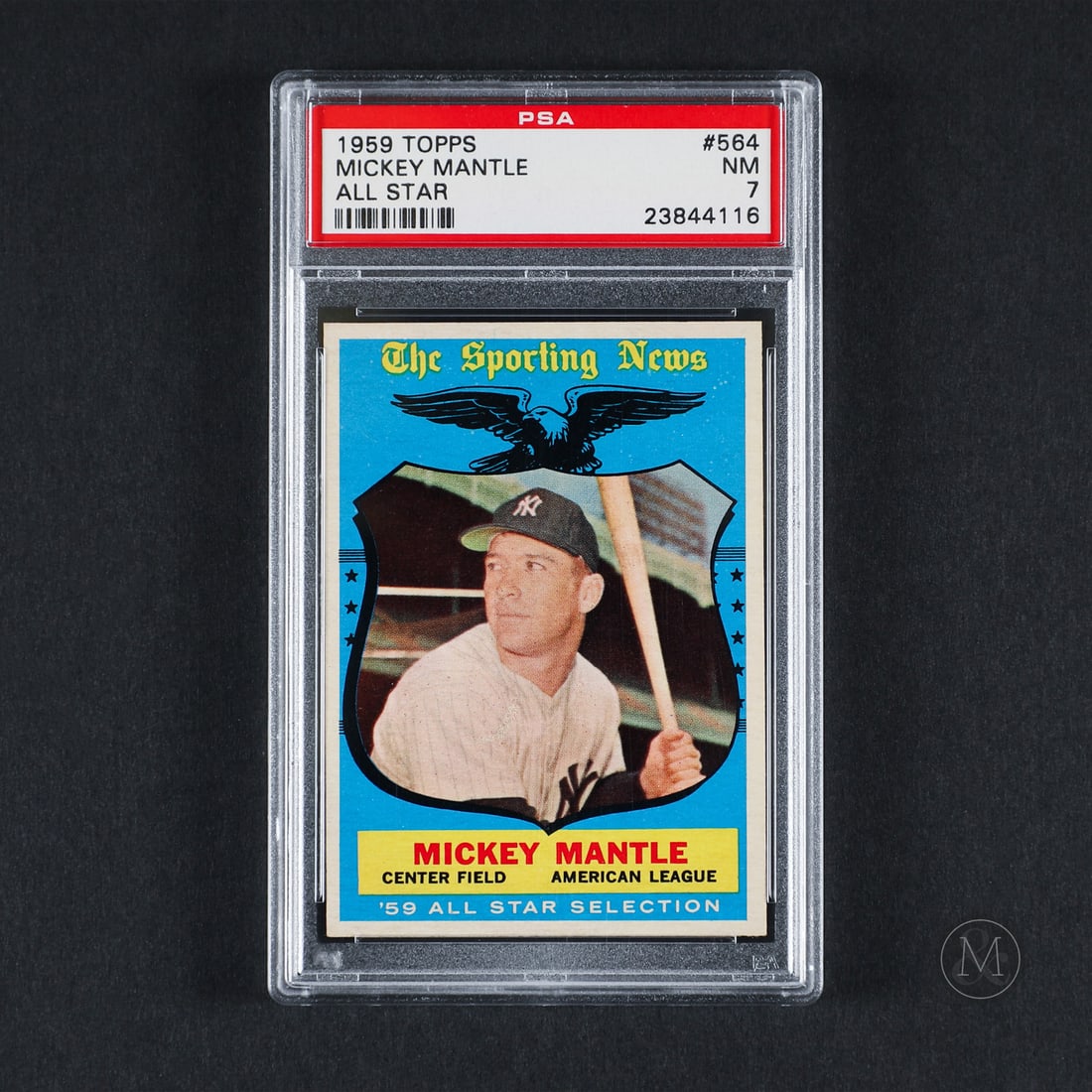 1959 Topps #564 Mickey Mantle (PSA 7 NM): Offered here is the 1959 Topps Mickey Mantle All-Star card (#564). This issue is significant as a high-number series card from the specialized All-Star subset concluding the 1959 Topps product run. Mi