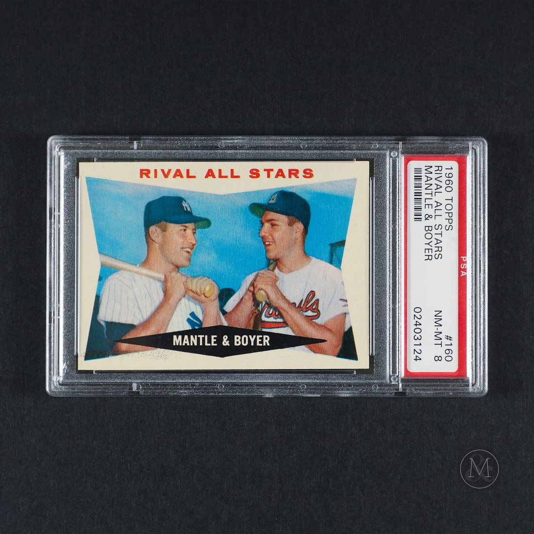 1960 Topps #160 Mickey Mantle (PSA 8 NM-MT): Offered here is the 1960 Topps Mickey Mantle/Boyer "Rival All-Stars" card (#160). This issue is significant as it captures Mantle alongside Ken Boyer within Topps' distinct horizontal layout design fe