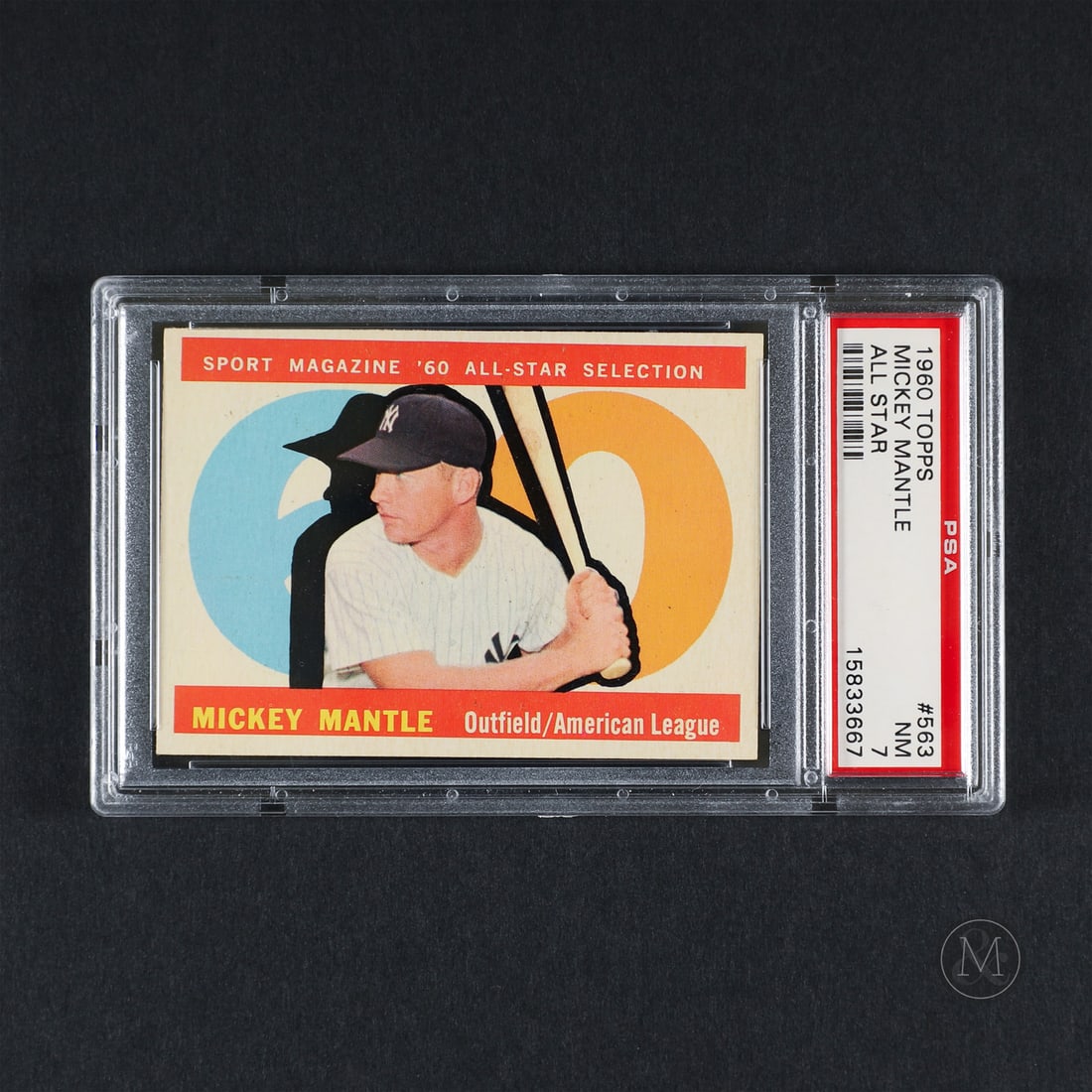 1960 Topps #563 Mickey Mantle All Star (PSA 7 NM): Offered here is the 1960 Topps Mickey Mantle All-Star card (#563). This issue is significant as a high-number series entry originating from the specialized Sport Magazine All-Star subset that