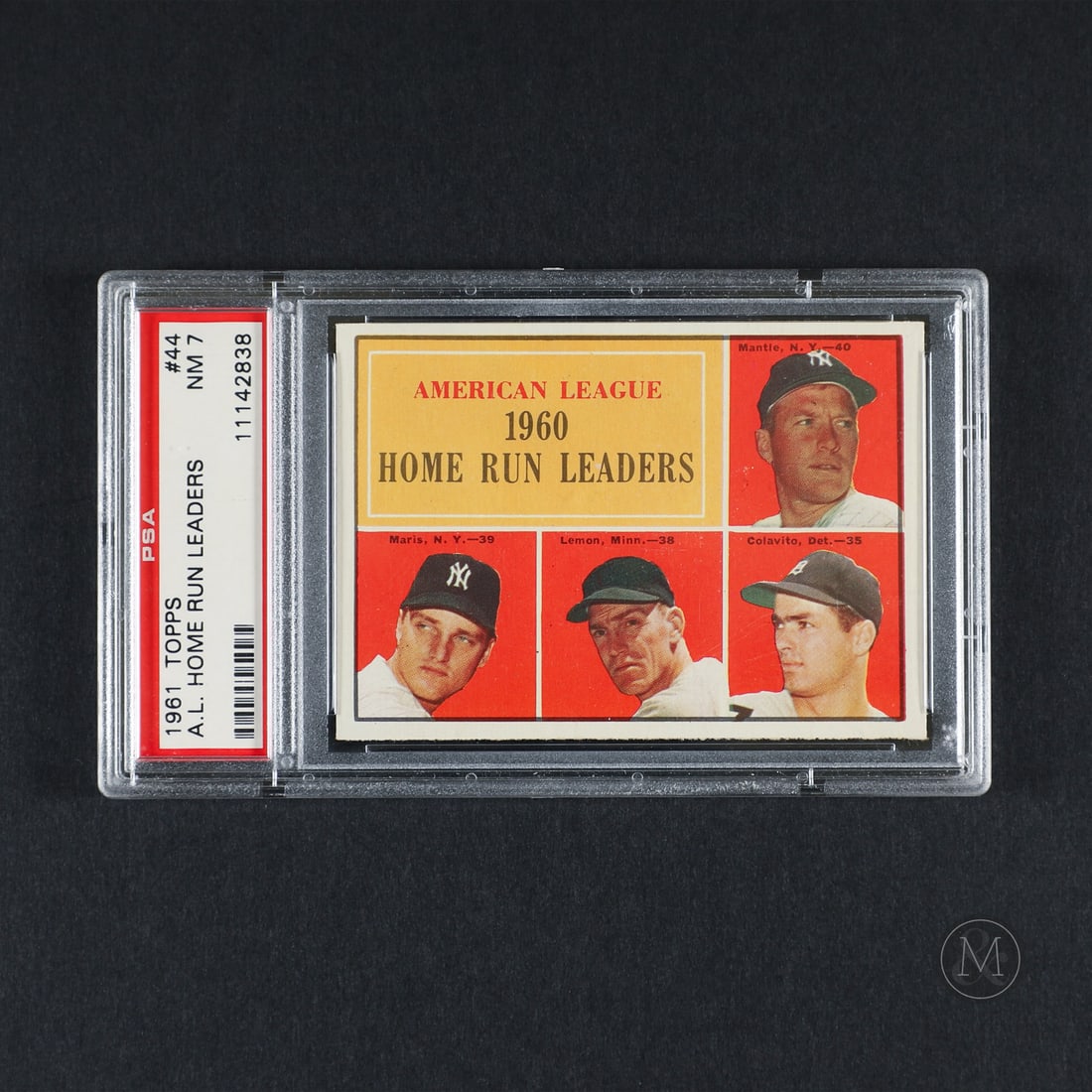 1961 Topps #44 AL Home Run Leaders (PSA 7 NM): Offered here is the 1961 Topps Mickey Mantle American League Highlights card (#44). This subset issue is significant for documenting Mantle’s historic home run achievements and milestones from