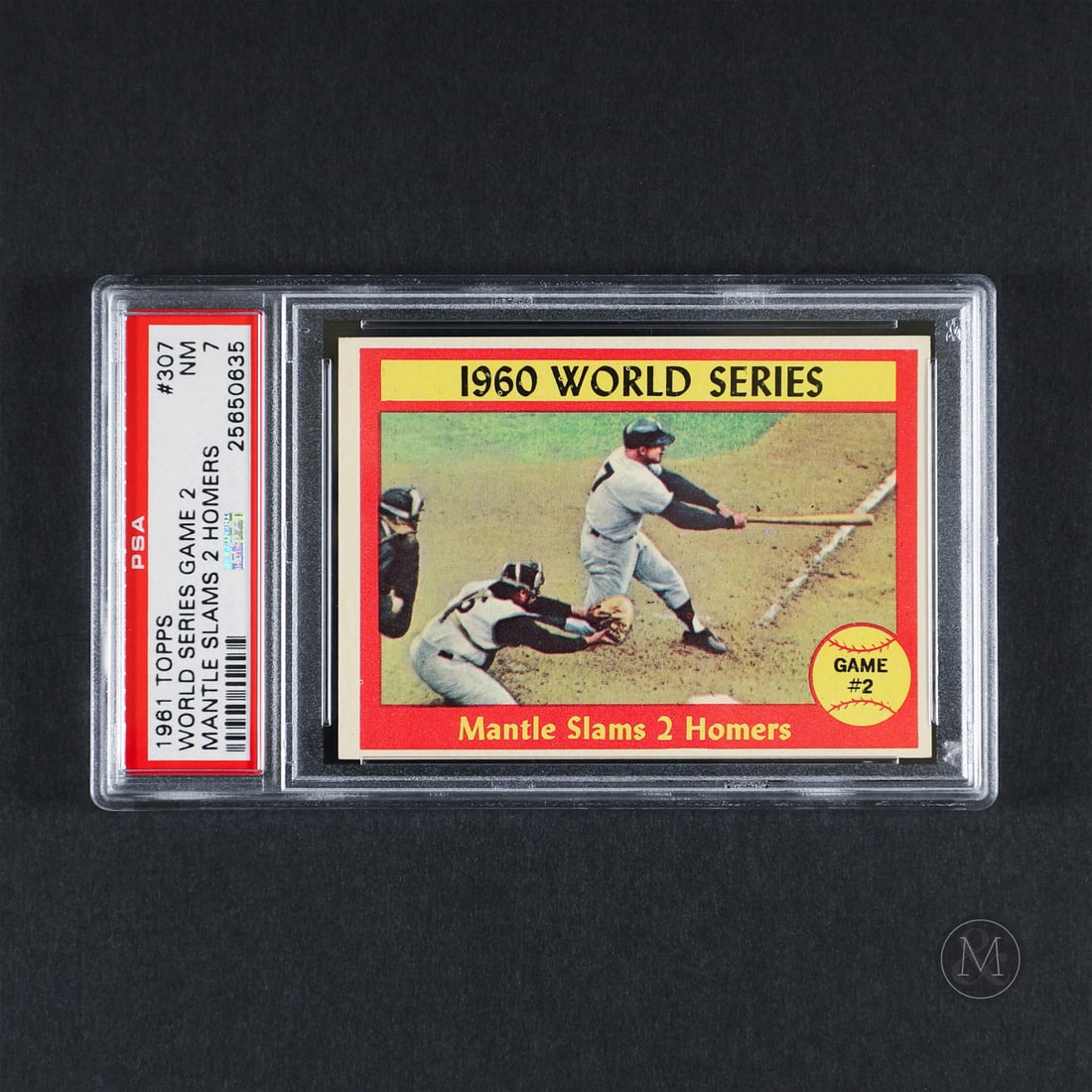 1961 Topps #307 World Series Game 2 Mickey Mantle (PSA 7 NM): Offered here is the 1961 Topps Mickey Mantle World Series Game 2 card (#307). The subset issue features Mickey Mantle hitting two home runs in the 1960 world series. second game. Mickey Mantle played 