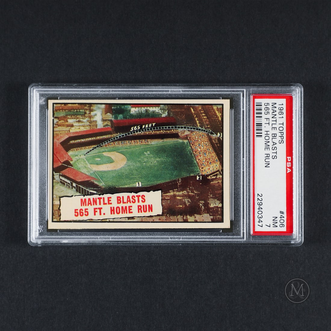1961 Topps #406 Mickey Mantle 565 Ft. Home Run (PSA 7 NM): Offered here is the 1961 Topps Mickey Mantle "Mantle Blasts 565-Ft. Home Run" card (#406). This subset issue is significant as part of the specialized Baseball Thrills series, documenting