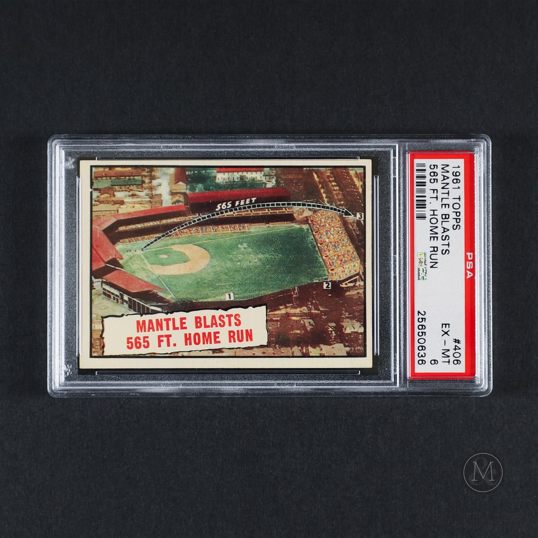 1961 Topps #406 Mickey Mantle 565 Ft. Home Run (PSA 6 EX-MT): Offered here is the 1961 Topps Mickey Mantle "Mantle Blasts 565-Ft. Home Run" card (#406). This subset issue is significant for illustrating Mantle's historic 1953 tape-measure blast within the 1961