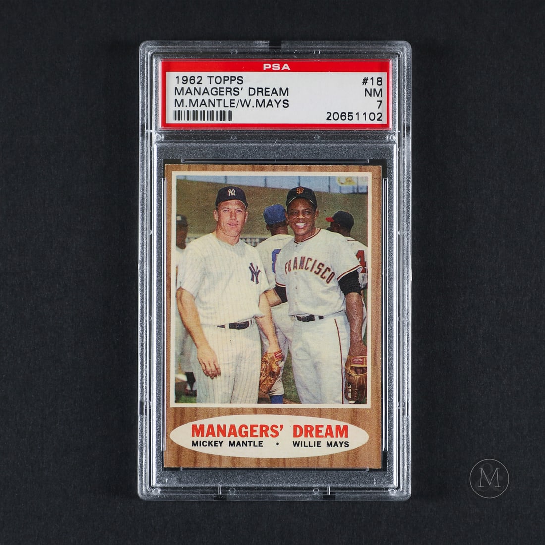 1962 Topps #18 Managers Dream Mickey Mantle/Willie Mays (PSA 7 NM): Offered here is the 1962 Topps #18 Managers Dream featuring Mickey Mantle and Willie Mays, two of baseball's all time greats on one card. Size 5.5" x 3.5". Condition The card receives a grade of 7 NM