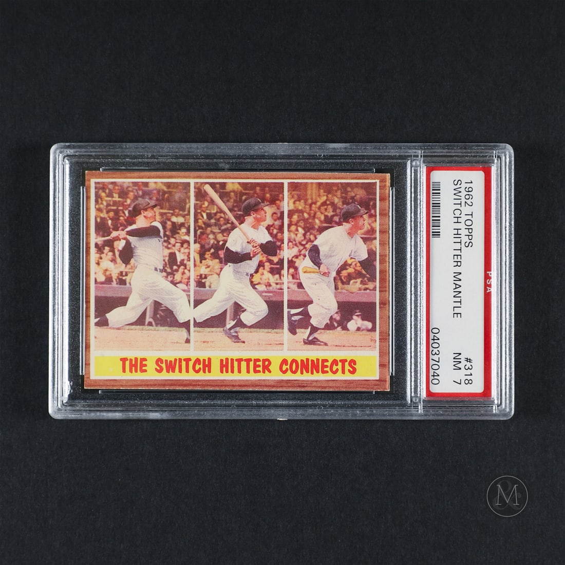 1962 Topps #318 Switch Hitter Mickey Mantle (PSA 7 NM): Offered here is the 1962 Topps Switch Hitter Mickey Mantle, featuring the Yankees legend in a tri panel hitting action card. A unique insert in the 1962 set, the back features Mickey Mantles batting