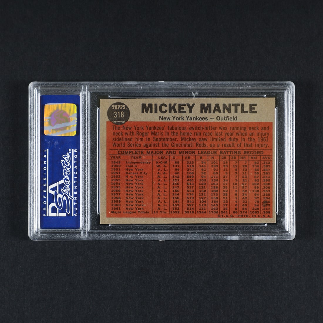 1962 Topps #318 Switch Hitter Mickey Mantle (PSA 7 NM) - 2