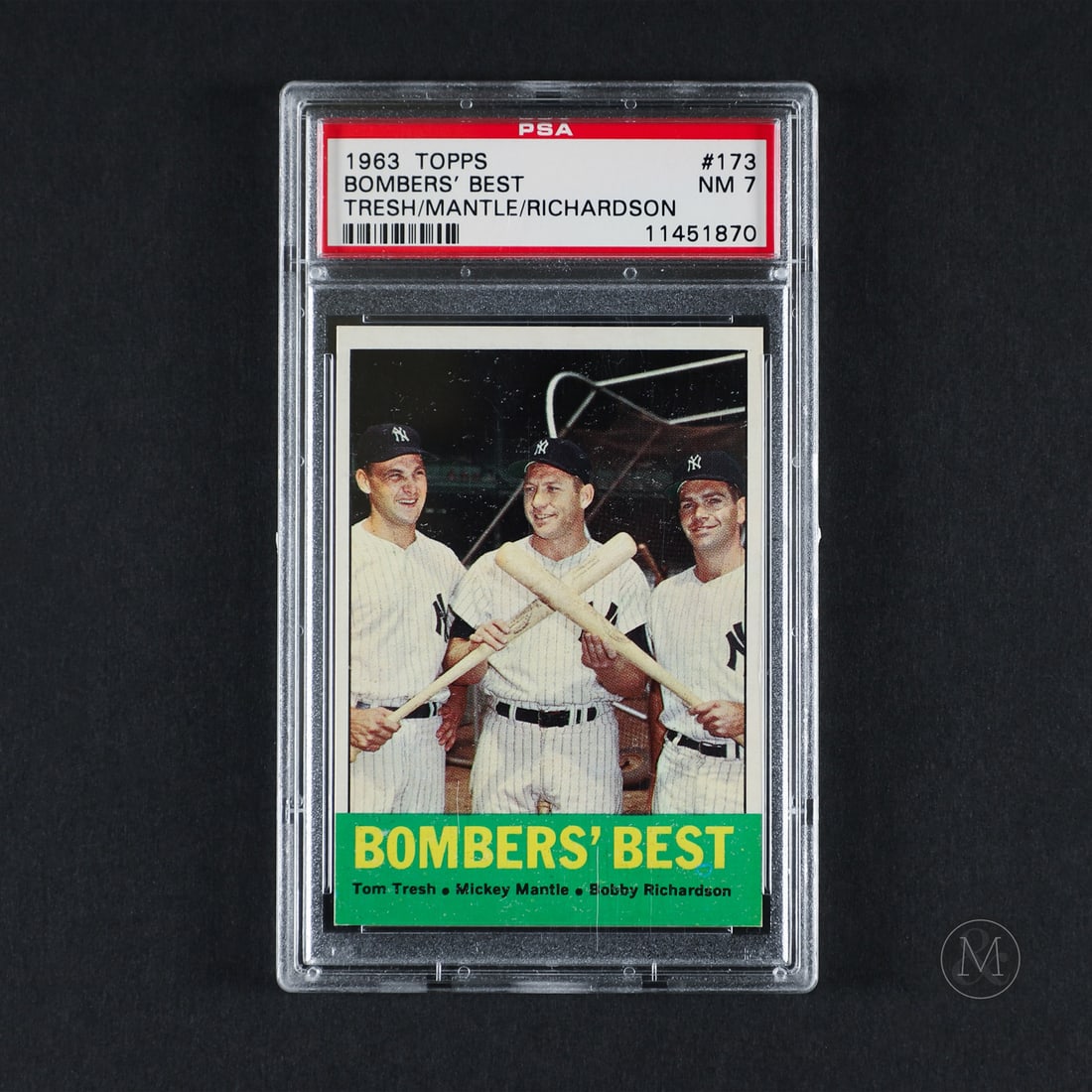 1963 Topps #173 Bombers' Best Mantle/Tresh/Richardson (PSA 7 NM): Offered here is the 1963 Topps "Bombers' Best" card #173 featuring Tom Tresh, Mickey Mantle and Bobby Richardson. Teammates on the powerhouse New York Yankees, Tom Tresh, Mickey Mantle, and Bobby