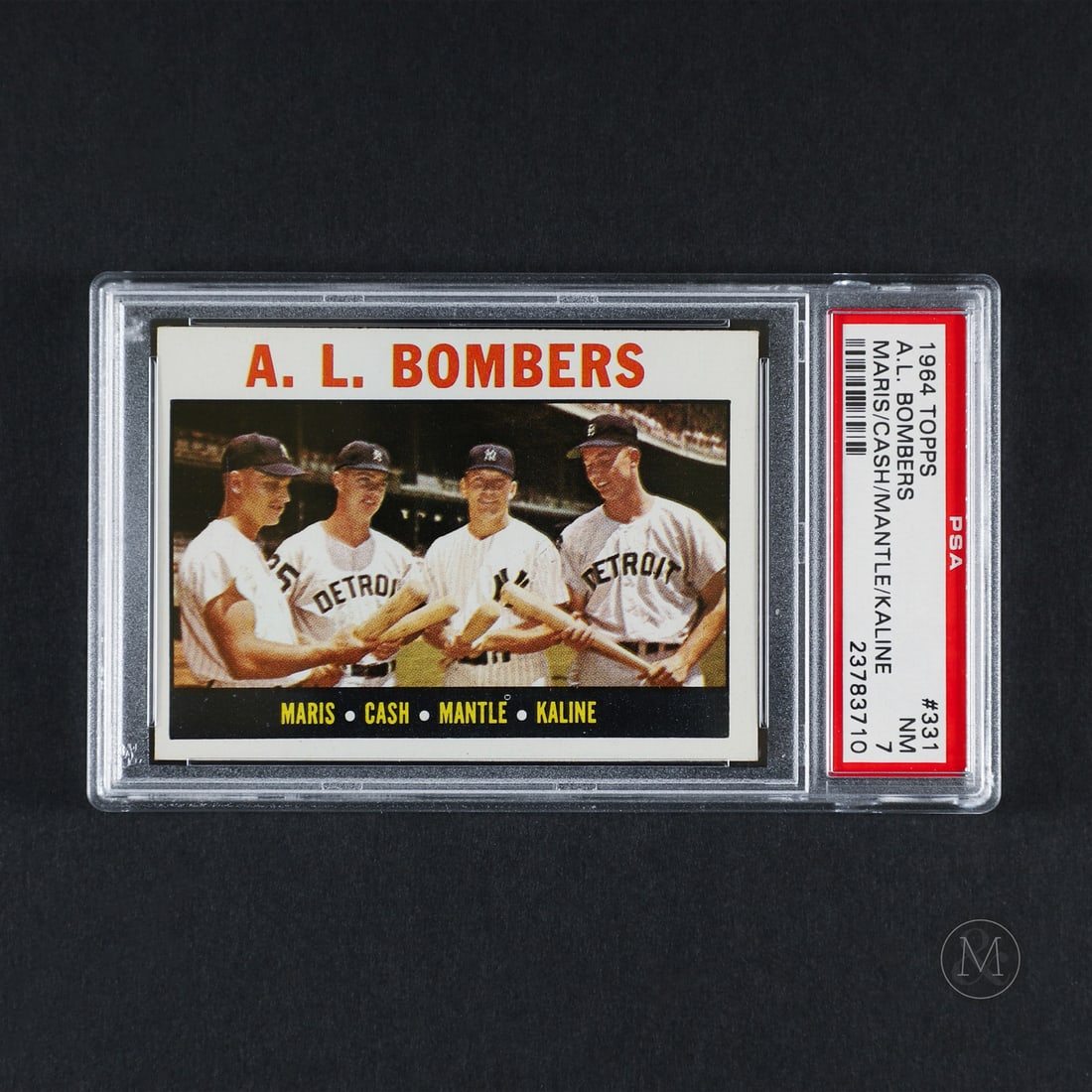 1964 Topps #331 A.L. Bombers (PSA 7 NM): Offfered here is the 1964 Topps #331 A.L Bombers featuring an inclredible lineup of Roger Maris, Norm Cash, Mickey Mantle and Al Kaline. Roger Maris, Norm Cash, Mickey Mantle, and Al Kaline each ranke