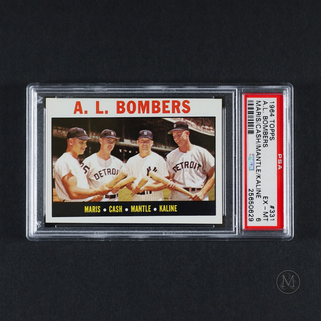 1964 Topps #331 A.L. Bombers (PSA 6 EX-MT): Offfered here is the 1964 Topps #331 A.L Bombers featuring an inclredible lineup of Roger Maris, Norm Cash, Mickey Mantle and Al Kaline. Roger Maris, Norm Cash, Mickey Mantle, and Al Kaline each ranke