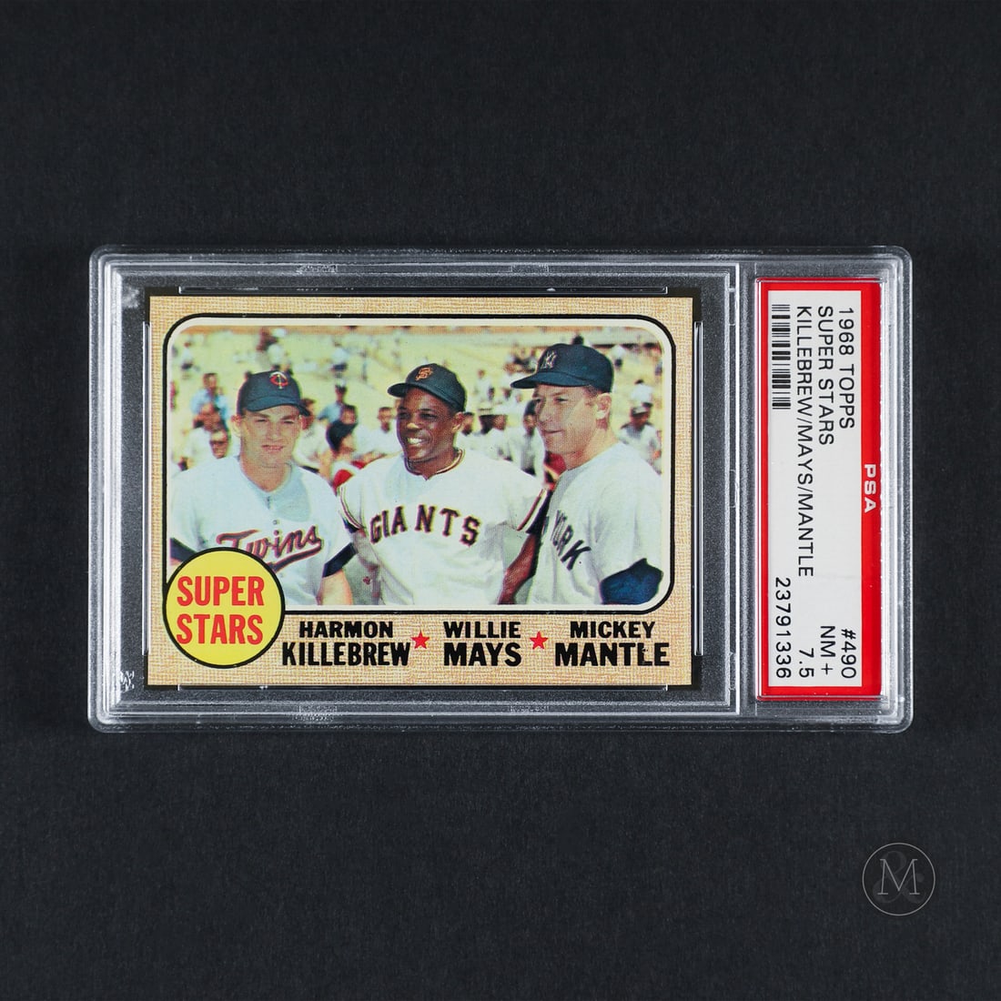 1968 Topps #490 Super Stars Mantle/Mays/Killebrew (PSA 7.5 NM+): Offered here is the 1968 Topps #480 "Super Stars" card featuring three of baseball's greats, Mickey Mantle, Willie Mays and Harmon Killebrew. Mickey Mantle, Willie Mays, and Harmon Killebrew were
