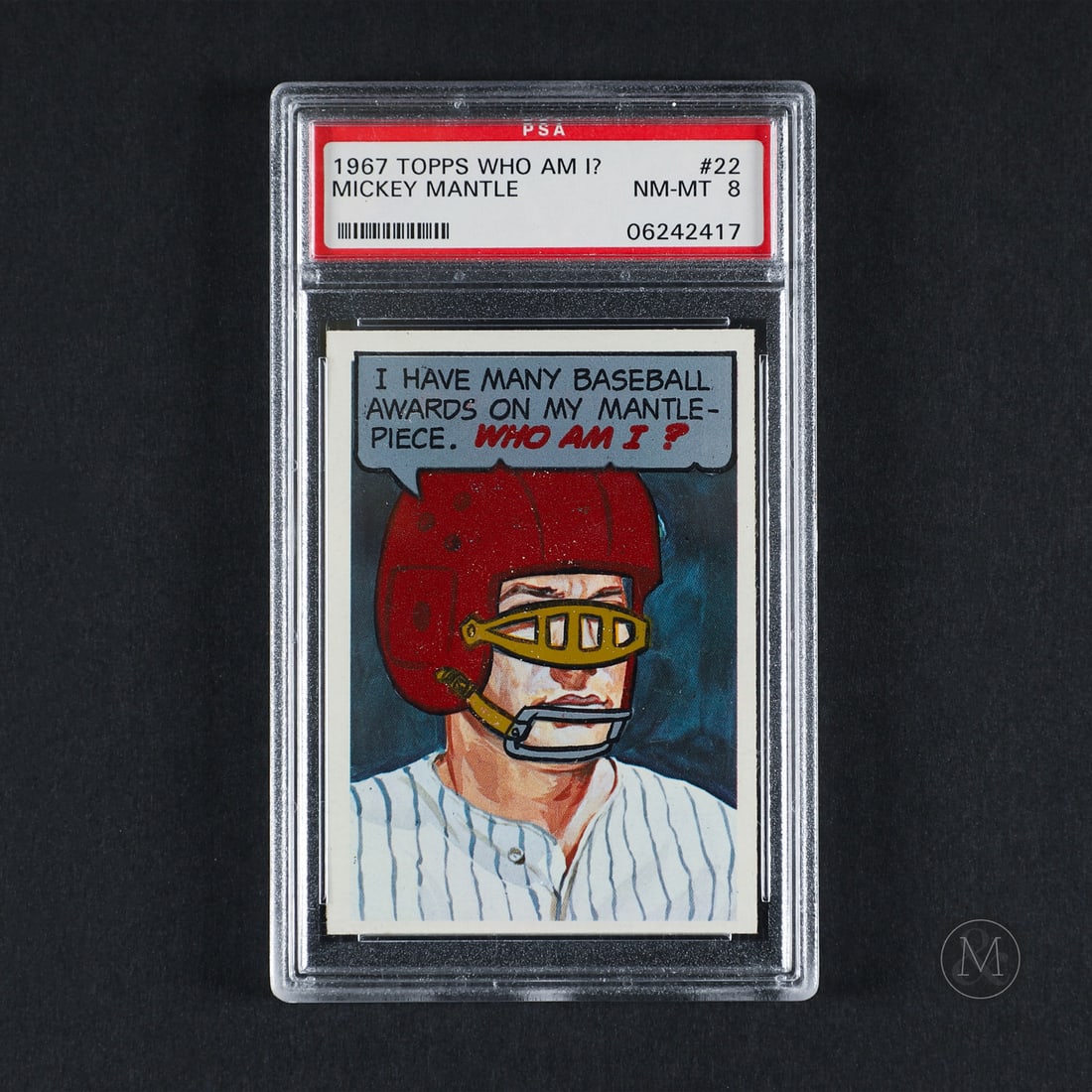1967 Who Am I? #22 Mickey Mantle PSA-8: Offered here is the rare 1967 Topps "Who Am I?" Mickey Mantle test insert card (#22). This specialized test issue is highly significant as a scarce scratch-off interactive card variation distributed