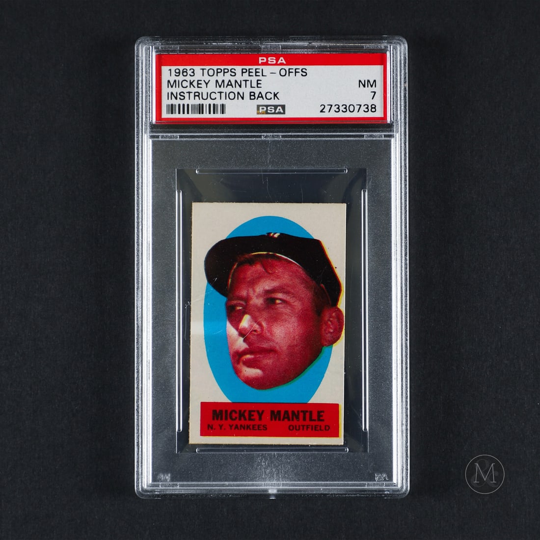 1963 Peel Off w/ Instruction Mickey Mantle (PSA 7 NM): Offered here is the 1963 Topps Mickey Mantle Peel-Off insert with instructions. This specialized insert issue is significant as an interactive, non-standard card variant featuring an adhesive backing 