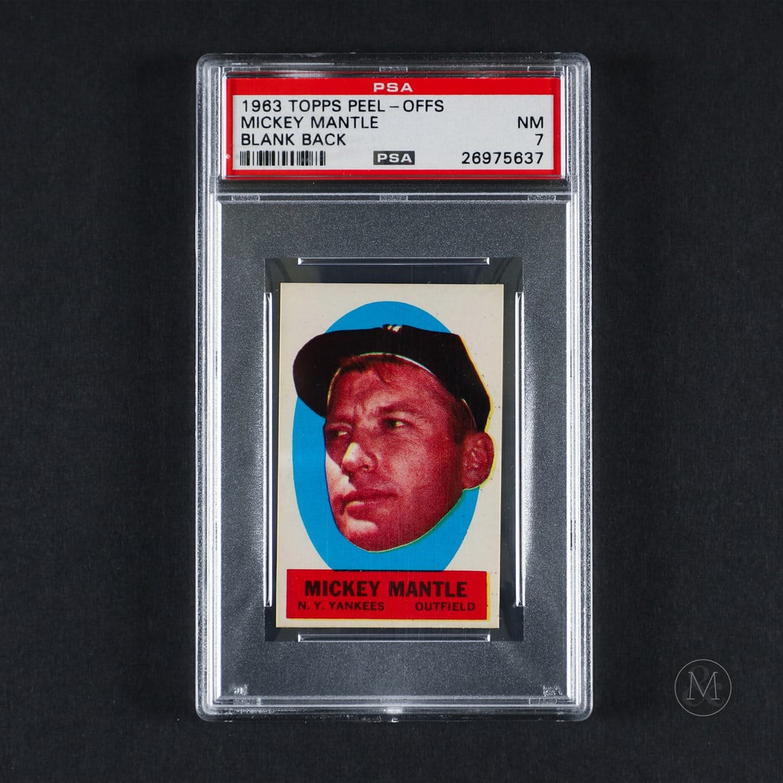 1963 Peel Off Blank Back Mickey Mantle (PSA 7 NM): Offered here is the 1963 Topps Mickey Mantle Peel-Off insert featuring a blank back. This production variation is significant as a distinct technical printing checklist entry within Topps' 1963