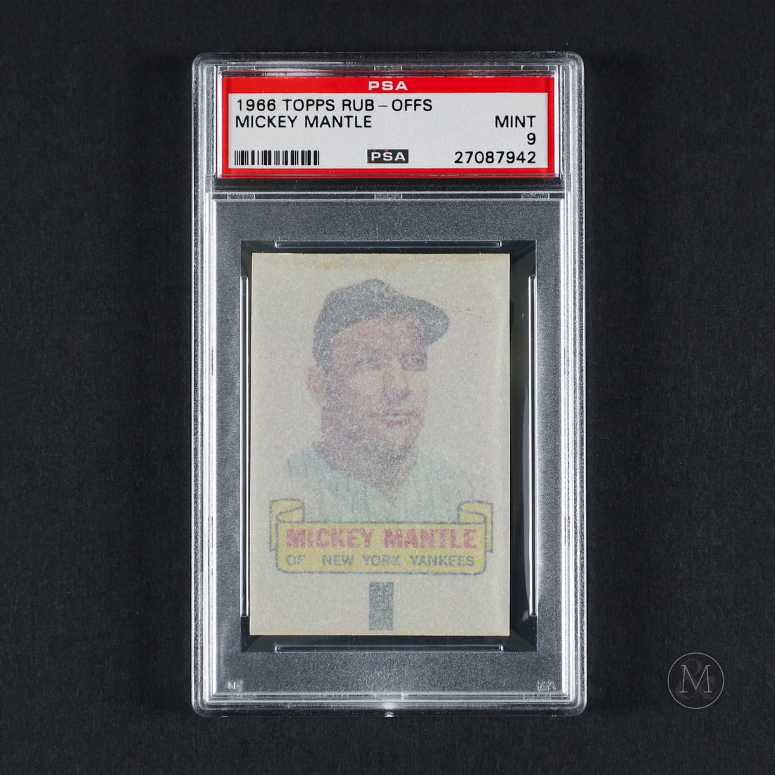 1966 Topps Rub-Offs #52 Mickey Mantle (PSA 9 Mint): Offered here is the 1966 Topps Rub-Off Mickey Mantle insert (#52). This insert issue is significant as an interactive, non-standard card product variant containing a transferrable player illustration