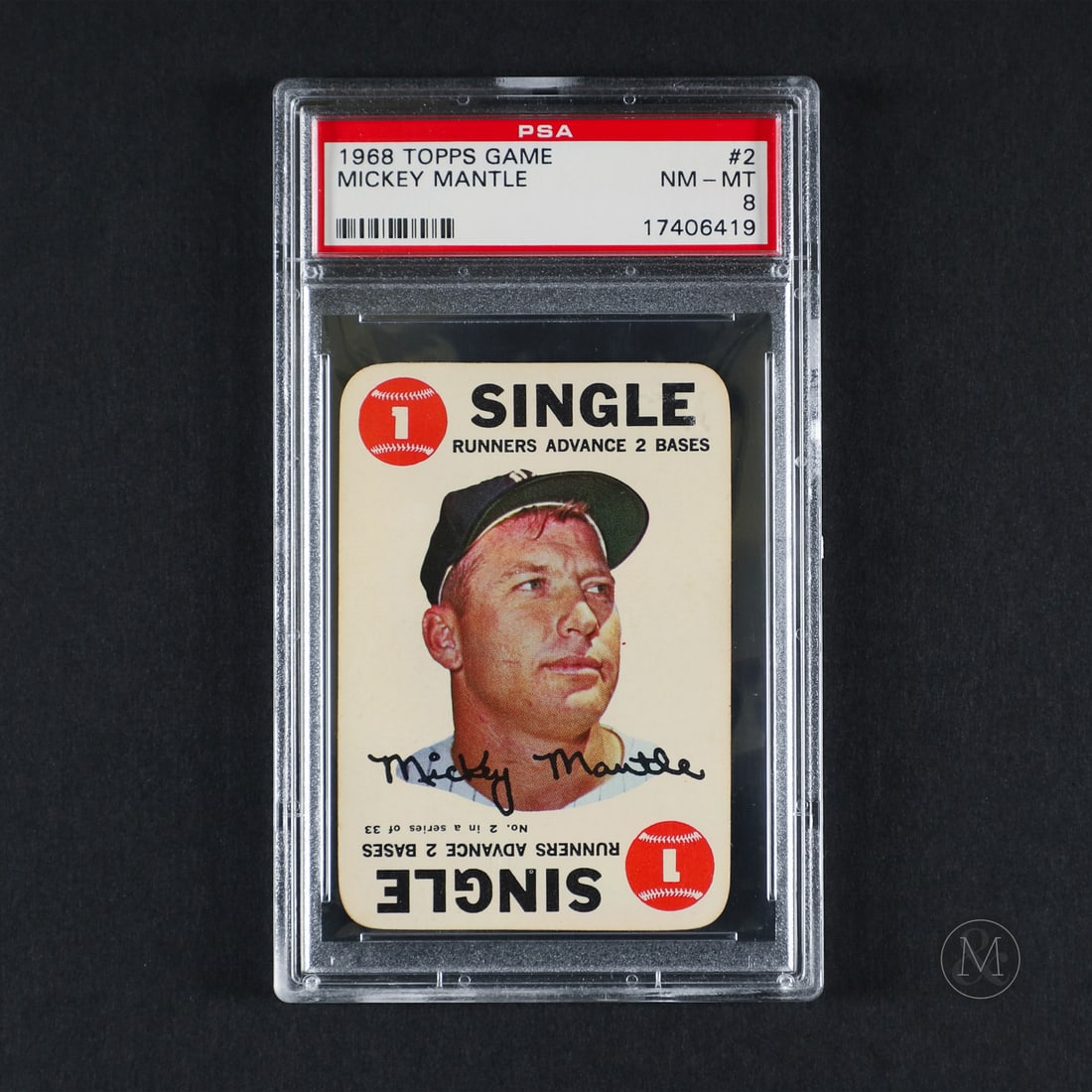1968 Topps Game #2 Mickey Mantle (PSA 8 NM-MT): Offered here is the 1968 Topps Game Mickey Mantle insert card (#2). This insert card is significant as part of a specialized, playable 33-card board game subset that featured rounded corners