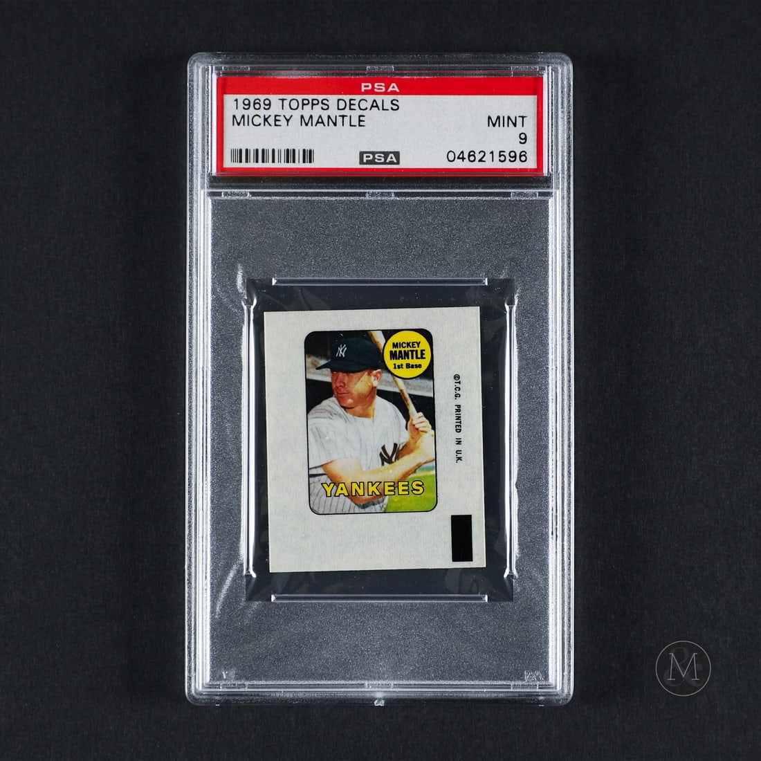 1969 Topps Decals #22 Mickey Mantle (PSA 9 Mint): Offered here is the 1969 Topps Decal Mickey Mantle insert (#22). This specialized insert issue is significant as an alternative glossy sticker insert tracking component enclosed within standard 1969