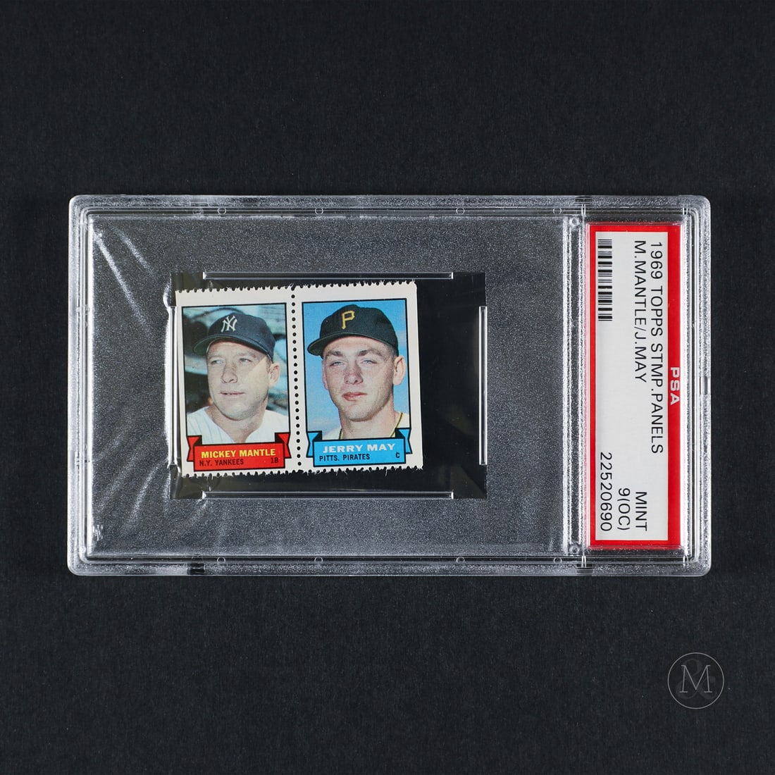 1969 Topps Stamp Panel Mickey Mantle/Jerry May (PSA 9 (OC) Mint): Offered here is the 1969 Topps Stamp Panel featuring Mickey Mantle. This insert tracking component is significant as an alternative paper stamp sheet item distributed as a retail supplement during