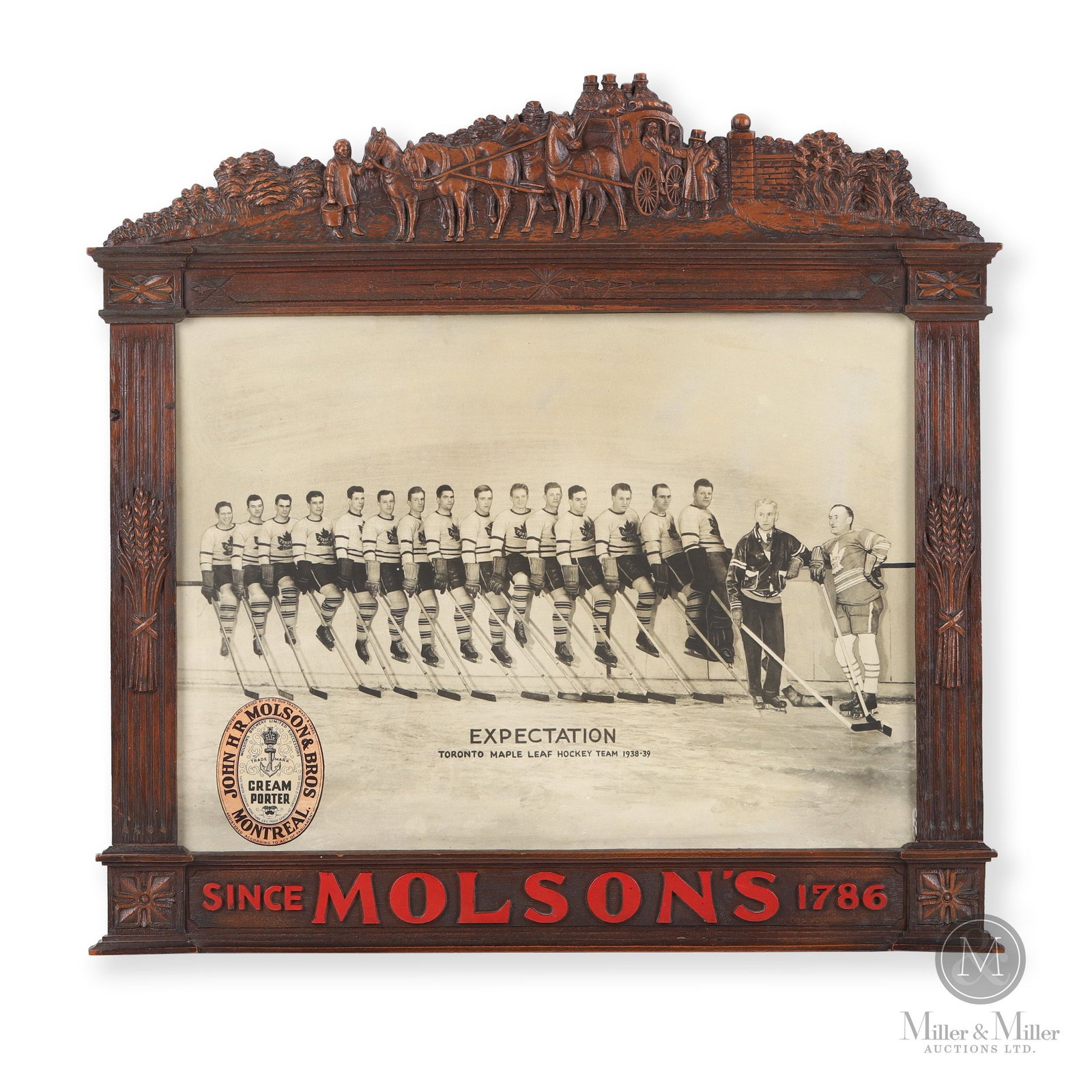 1938-39 Molson's Sports Displays #8 Toronto Maple Leafs Team: Offered here is the 1938-39 Molson's Sports Display with the #8 insert featuring the word "Expectation" and the Toronto Maple Leafs team of 1938-39 along the boards. These Molson promotional displays 