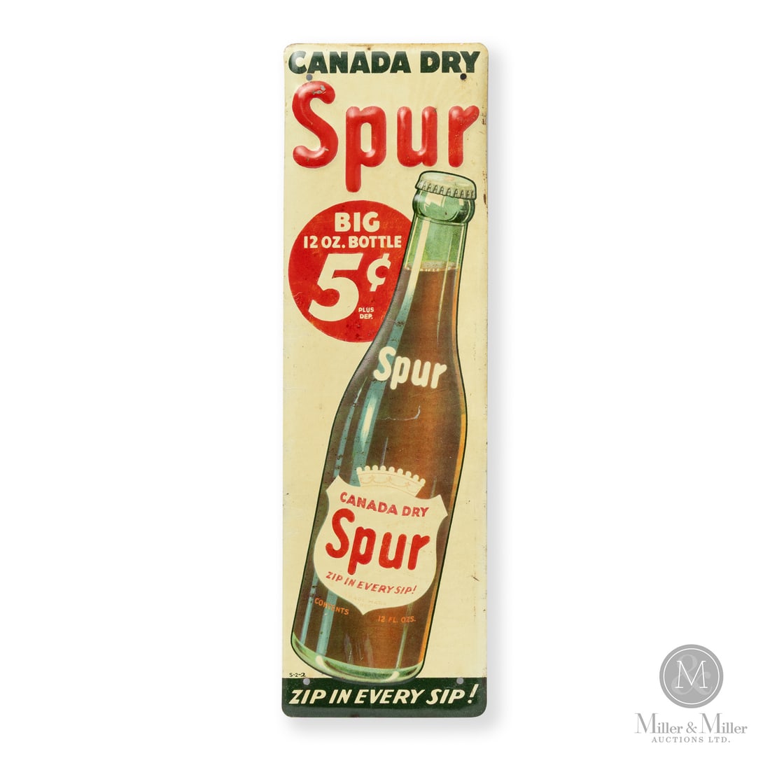 Canada Dry Spur Soda Door Push Sign: Made in Canada. 1940 - 1950. Single-sided tin (SST). Embossed. Includes the 5c price indicator image not commonly seen across soda advertising. Marked, "S-2-2" lower left. Authenticated by The