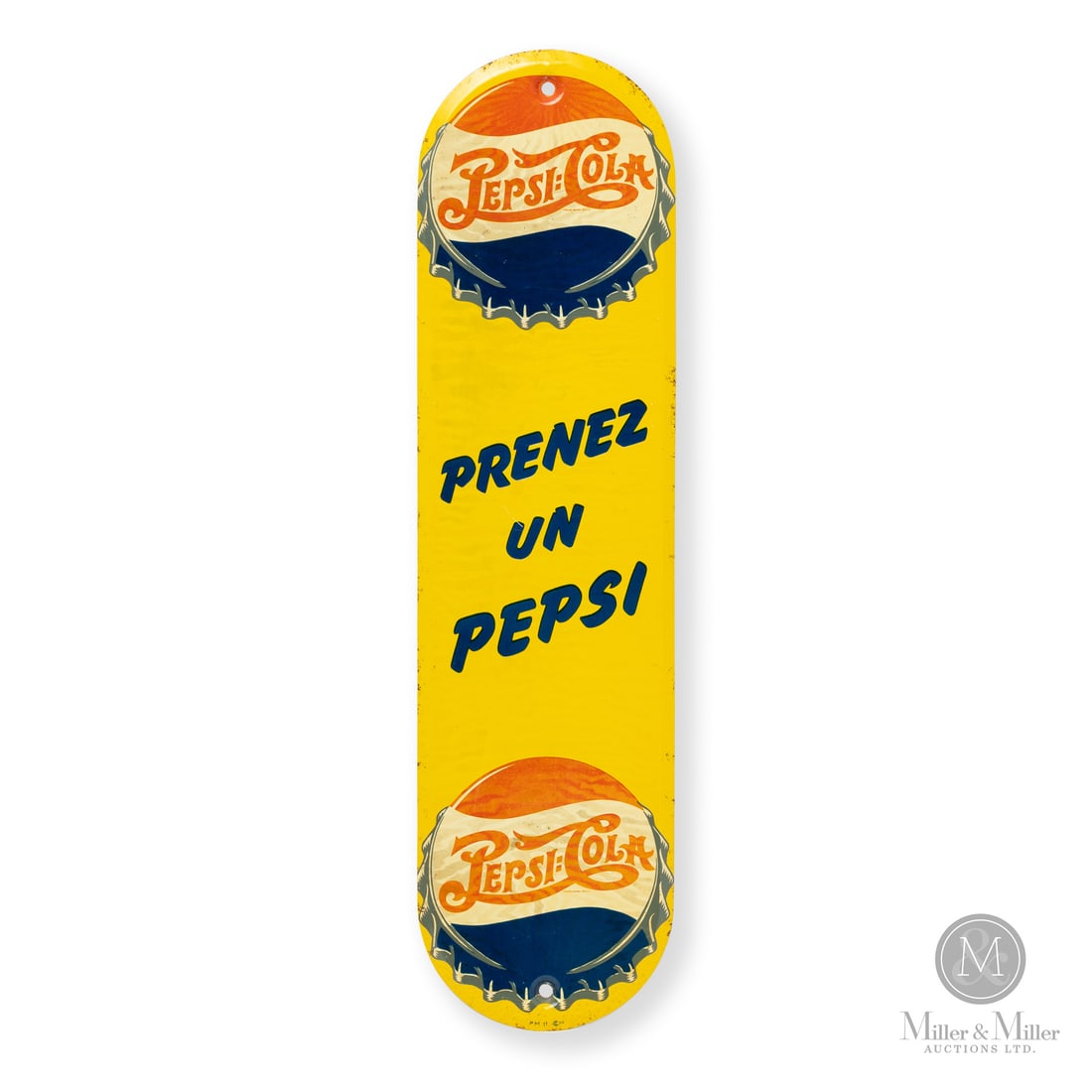 Pepsi-Cola Double Dot Door Push Sign: Made in Canada. 1944 - 1951. Single-sided tin (SST). Manufactured for the French Canadian market. Die cut. Featuring the "double dot" pepsi bottle cap logo which was discontinued from production in