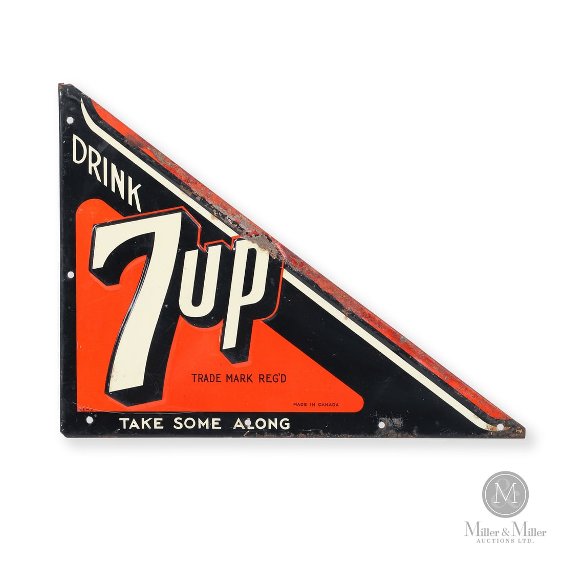 Seven-up Door Corner Sign: Made in Canada. 1939 - 1944. Single-sided tin (SST). Embossed. Unique this doesn't with the seven up have the bubbles with the logo. Marked, "G.S.W. 6." lower left corner "MADE IN CANADA" lower right