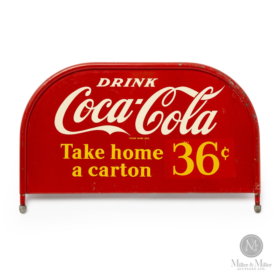 Coca-Cola Rack Topper Sign: Made in Canada. 1940 - 1950. Double-sided tin (DST). Take home a carton 36¢. Originally showing 25¢, the price was updated twice in service: first to "36¢", and again to "plus
