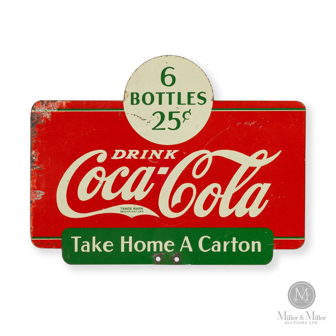 Coca-Cola Take Home a Carton Rack Topper Sign: Made in U.S.A. 1937. Double-sided painted metal (DSPM). Die-cut. One of the first advertising signs commissioned after the company began their 6 bottles for 25c advertising campaign. Marked, "MADE IN