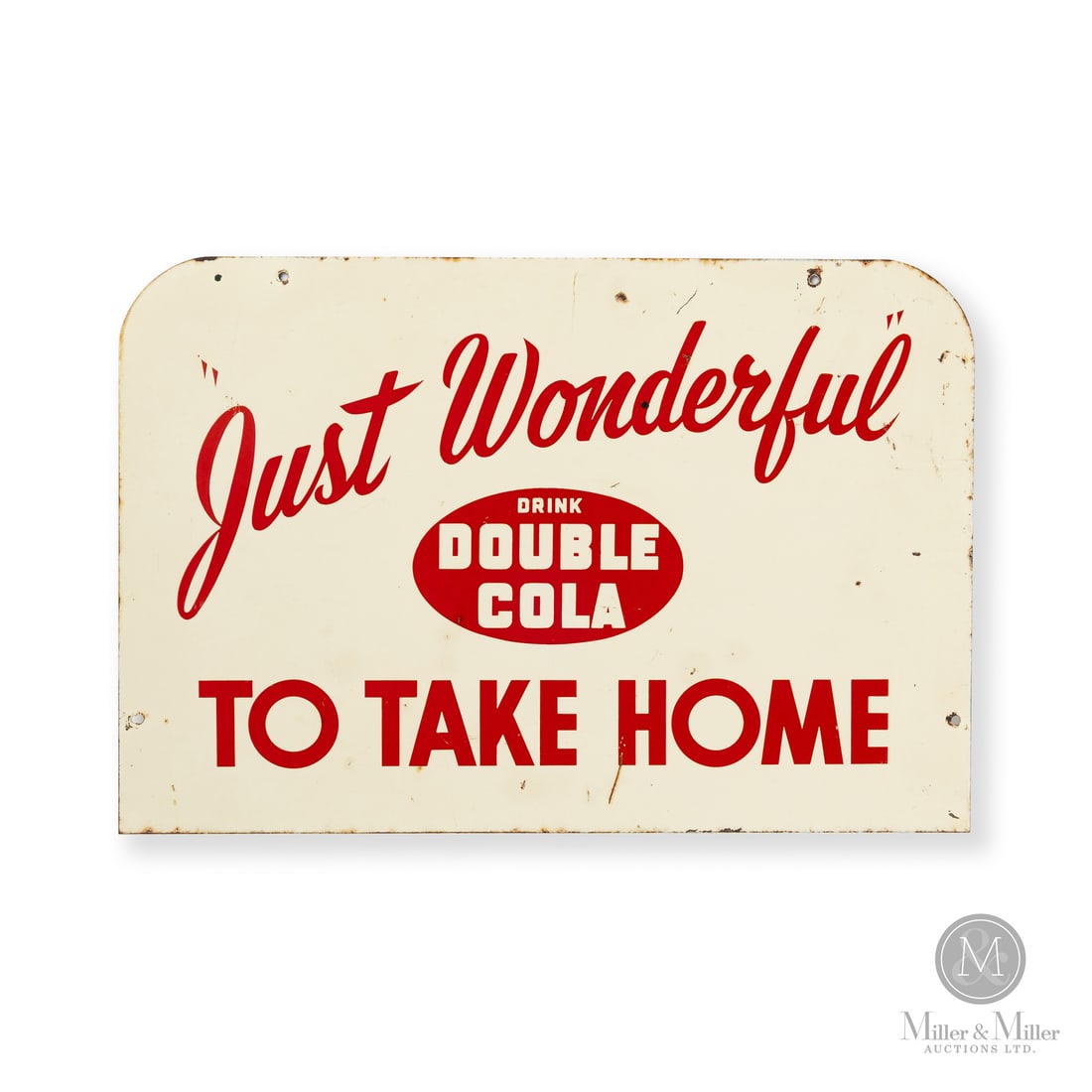 Double Cola Just Wonderful Rack Sign: Made in U.S.A. 1955 - 1965. Double-sided painted metal (DSPM). The sign is from a point-of-purchase display rack and aimed at encouraging consumers to purchase multiple bottles for home consumption.