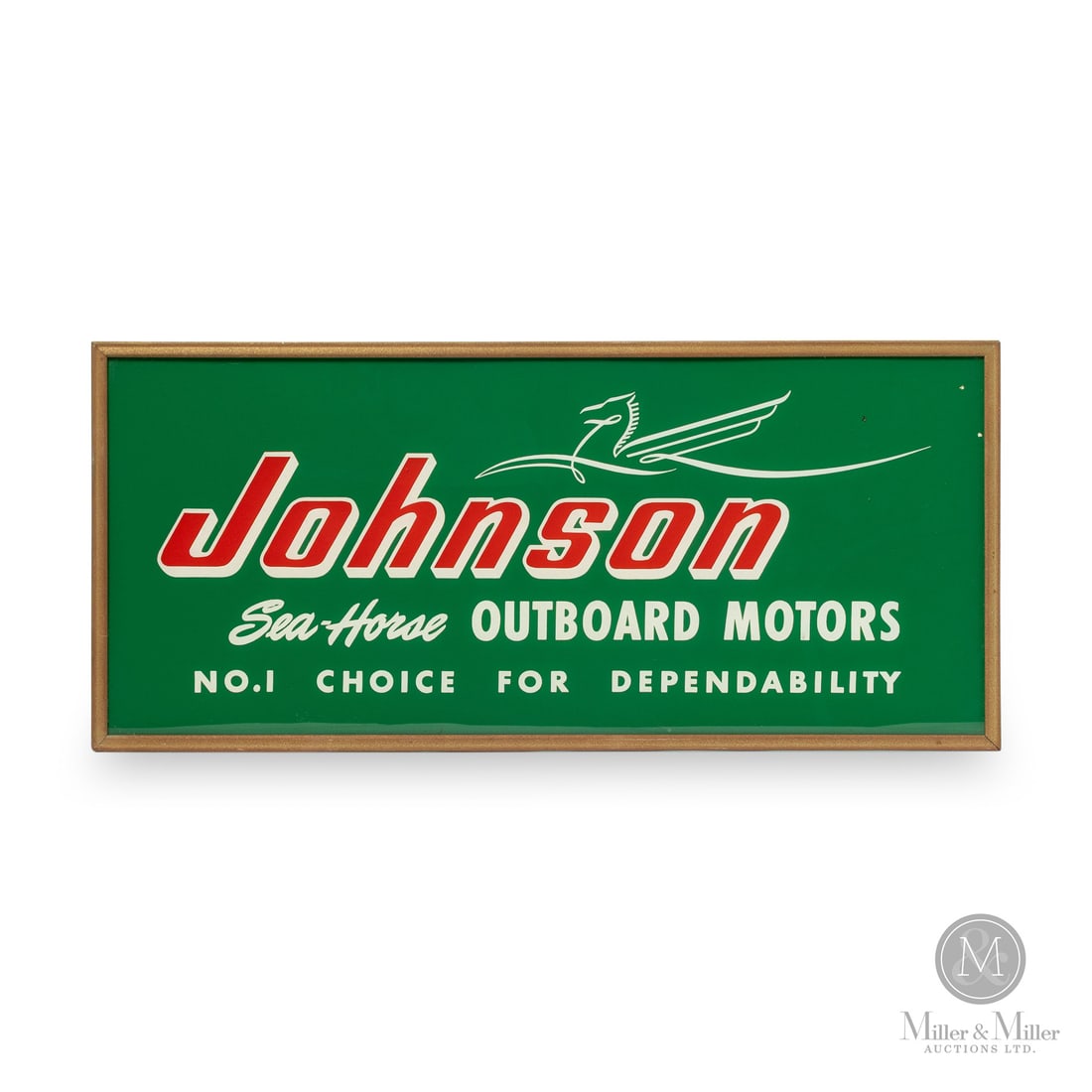 Johnson Sea Horse Outboard Motors Backlit Countertop Sign: Made in U.S.A. 1956 - 1957. Reverse painted glass. Featuring the short, two year production run of a "Holiday Green" background. Cardboard light box. Unmarked. All items are guaranteed authentic by
