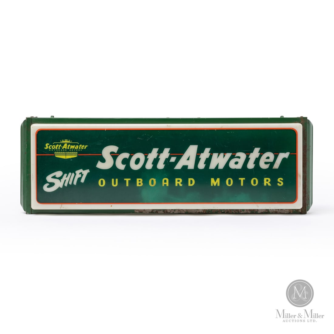 Scott-Atwater Outboard Motors Backlit Sign: Made in U.S.A. 1949 - 1958. Lithographed plastic. Featuring the Scott-Atwater name which was rebranded to Scott Outboards in 1958. Marked, "THE OHIO ADVERTISING DISPLAY CO." decal on reverse. All