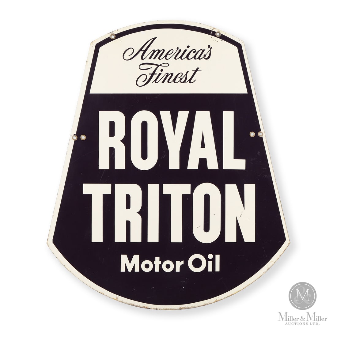 Union 76 Royal Triton Motor Oil Sign: Made in U.S.A. 1950 - 1960. Double-sided painted metal (DSPM). Die-cut. Royal Triton - famously known as "the amazing purple motor oil" - was introduced by the Union Oil Company of California (Union