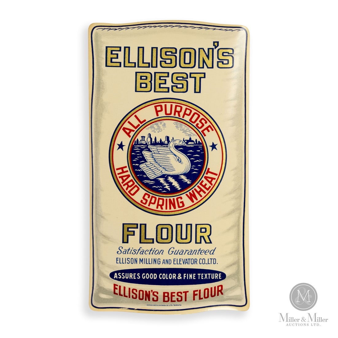 Ellison's All Purpose Flour Advertising Decal: Made in Canada. 1952 - 1959. Lithographed paper. The majestic swan gliding on water was chosen to represent purity, whiteness, and premium quality. Marked, "CANADA DECALCOMANIA LTD. TORONTO" lower