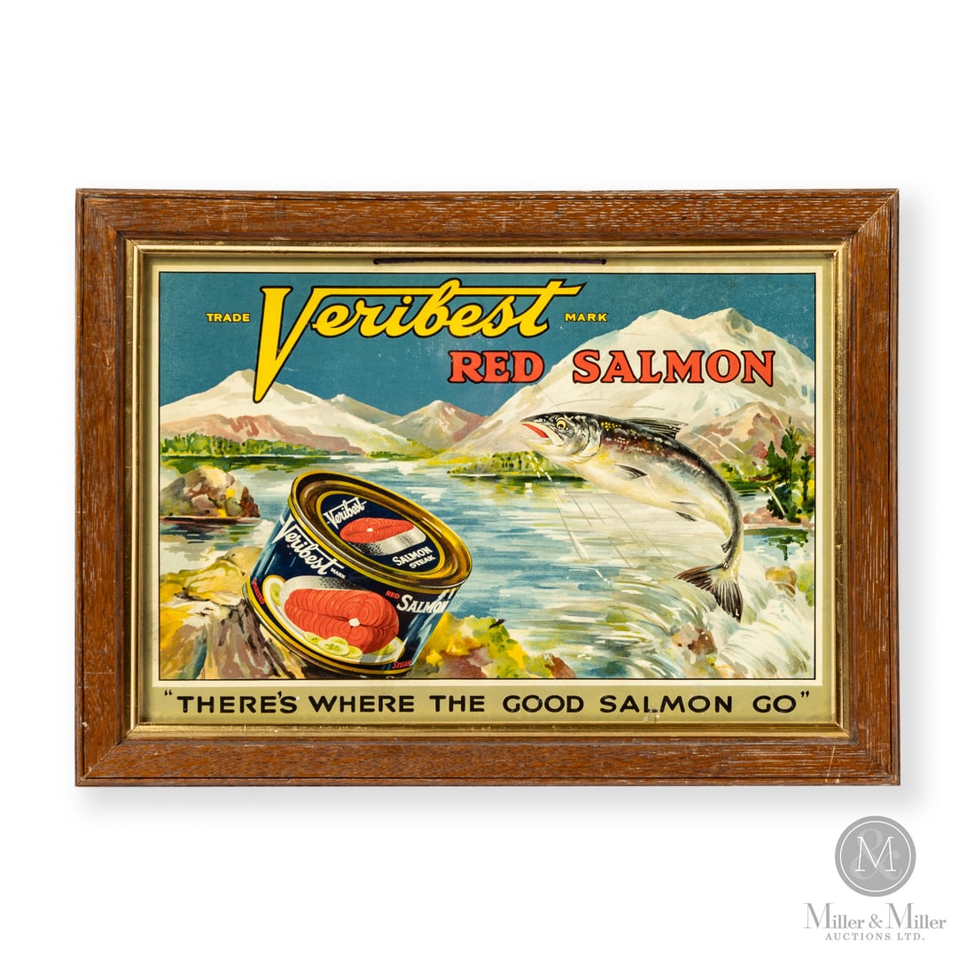 Veribest Red Salmon Hanging Sign: Made in U.S.A. 1920 - 1930. Single-sided cardboard (SSC). Marked, "F.N.A 186" lower left. All items are guaranteed authentic by Miller & Miller Auctions. All purchases are eligible for free delivery