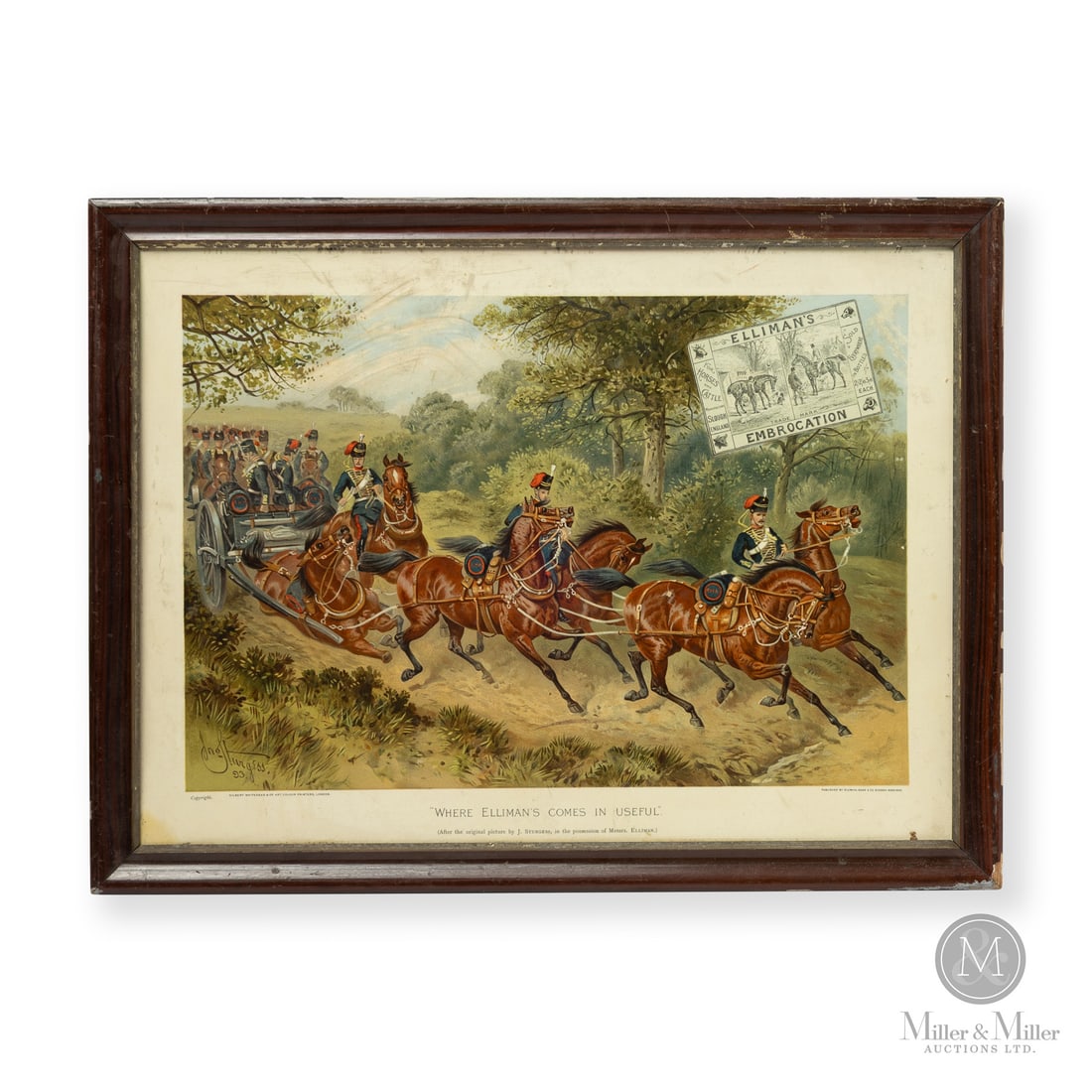 Elliman's Embrocation Advertising Poster: Made in United Kingdom. 1893-1899. Celluloid. Featuring the "Where Ellimans comes in useful" slogan. Sign was made by Gilbert Whitehead & Co. while the frame was produced by Marcus Ward & Co. Marked,