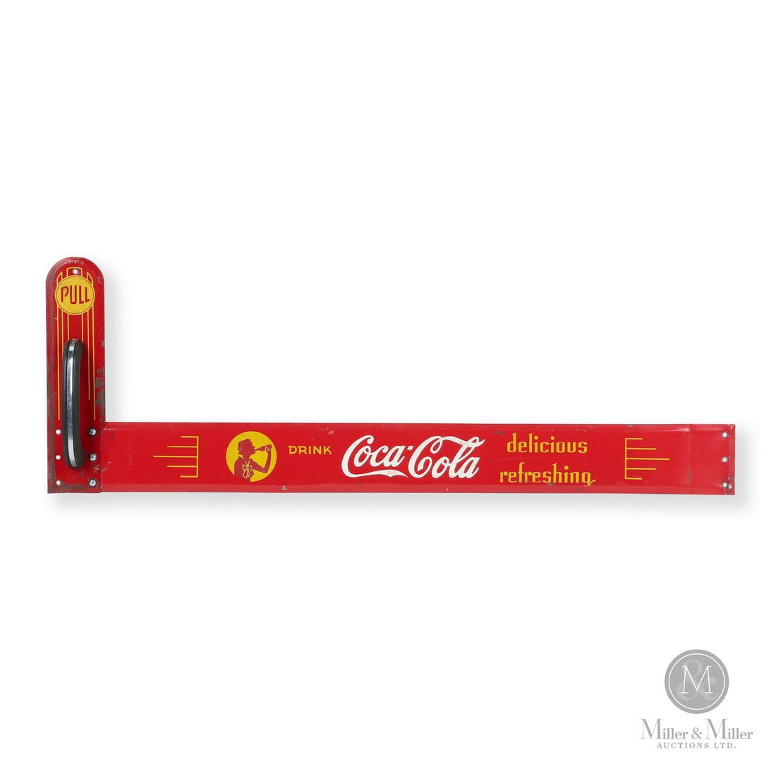 Coca-Cola Silhouette Girl Door Pull Sign: Made in U.S.A. 1943 - 1946. Single-sided tin (SST). Scarcely seen, this two piece door pull features the "Silhouette Girl" image that Coca-Cola introduced in 1939. Marked, "Advertising Novelty