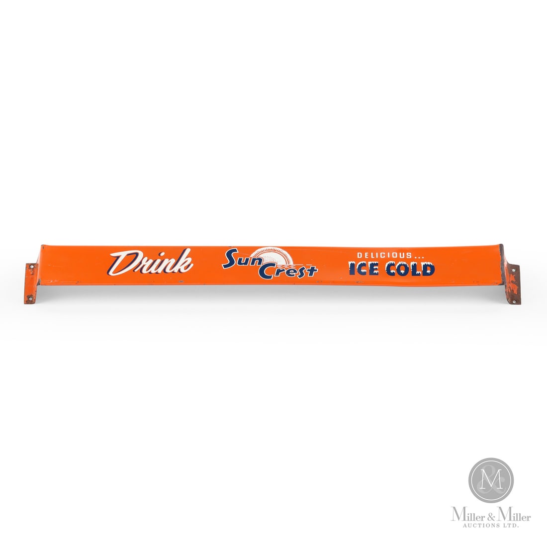Sun Crest Door Push Bar: Made in U.S.A. 1946 - 1952. Double-sided painted metal (DSPM). Featuring the "snow covered" ice cold lettering. Unmarked. Authenticated by The Authentication Company (TAC #501786). All items are