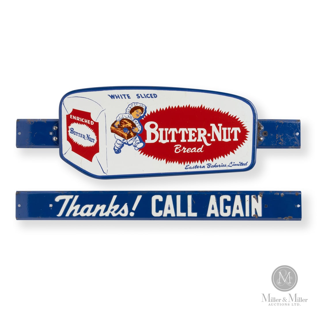 Butter-Nut Bread Adjustable Door Push Bar: Made in U.S.A. 1950 - 1960. Single-sided tin (SST). Eastern Bakeries Limited was founded in Saint John, New Brunswick and operated throughout the 20th century. This regional operation came to an end