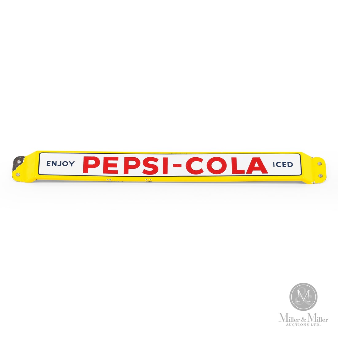 Pepsi-Cola Enjoy Pepsi-Cola Iced Door Push Bar: Made in Canada. 1953 - 1962. Double-sided porcelain (DSP). One of the final runs of Pepsi advertising before the "Cola" was dropped from their logo in 1962. Unmarked. Authenticated by The