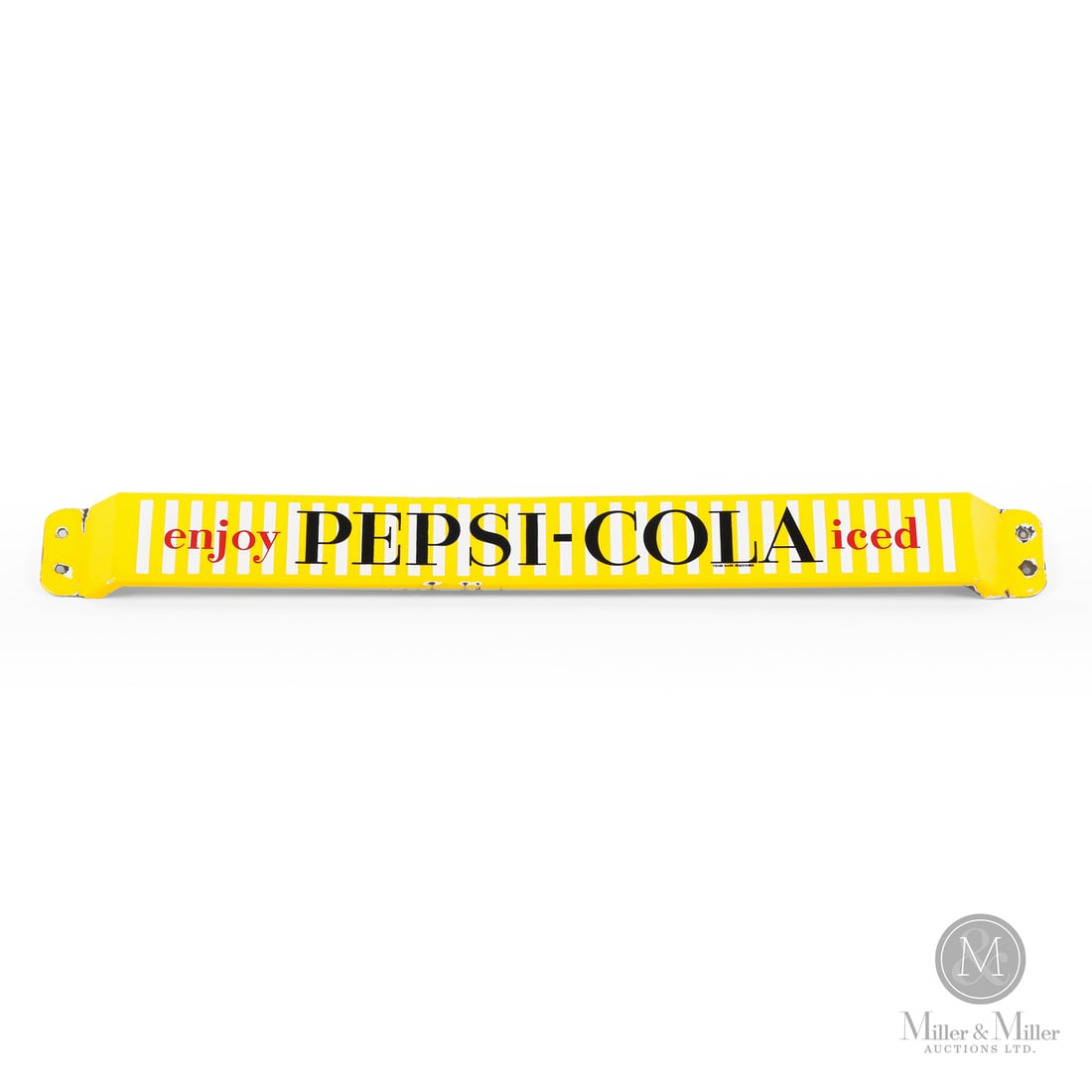 Pepsi-Cola Enjoy Iced Door Push Bar: Made in Canada. 1946 - 1953. Double-sided porcelain (DSP). Featuring the vertical yellow and white stripe pattern that Pepsi used in their post war advertising. Unmarked. Authenticated by The