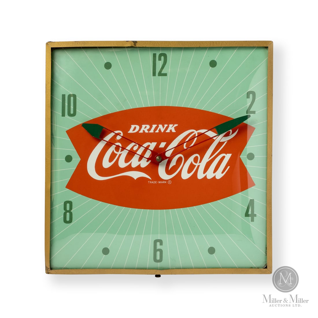 Coca-Cola Fishtail PAM Clock: Made in U.S.A. 1958 - 1965. Single-sided aluminium (SSA). Aluminum body with glass face. Labelled "PAM CLOCK CO., Inc. NEW ROCHELLE, NY" on reverse. All items are guaranteed authentic by Miller & Mill