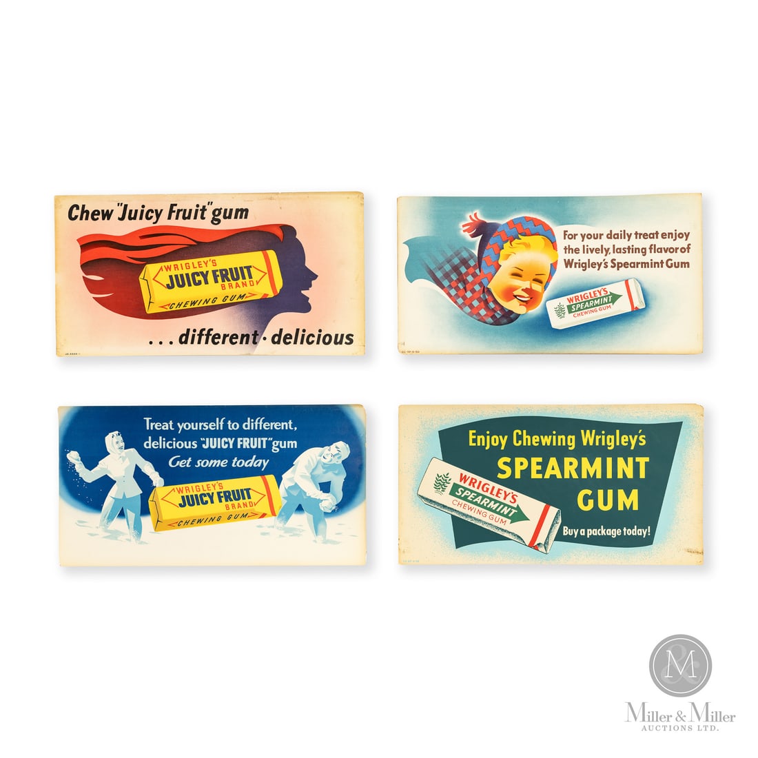 Wrigley's Gum Trolly Sign Set: Made in U.S.A. 1949 - 1950. Single-sided cardboard (SSC). 3 marked, "CC-SP 6-49, CC-5P-6-50 and J.F. CC50-1" lower left. All items are guaranteed authentic by Miller & Miller Auctions. All purchases