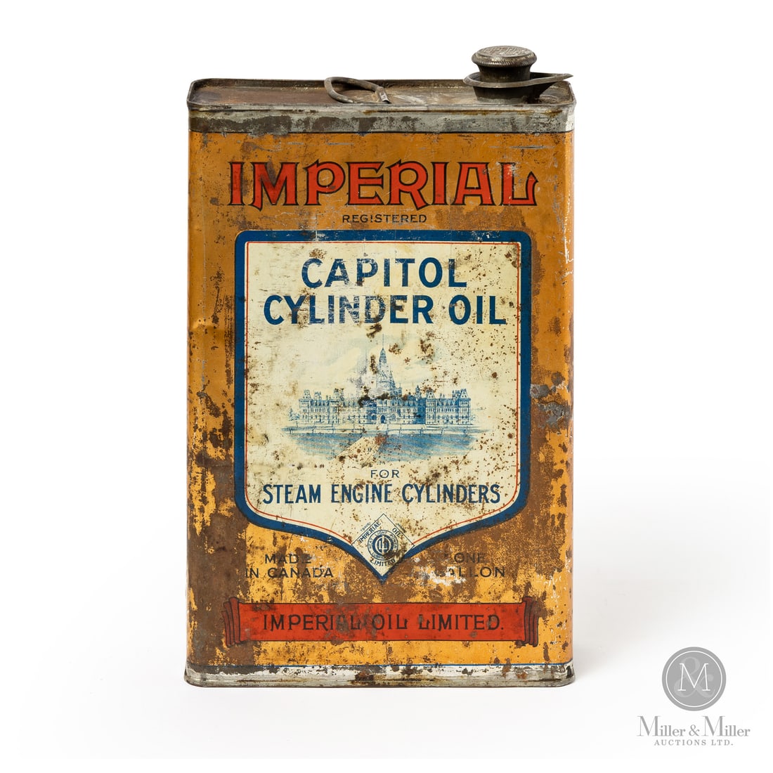 Imperial Oil Capitol Cylinder Oil Gallon Tin: Made in Canada. 1920 - 1930. Lithographed Tin. Specialty lubricant for steam engines and industrial cylinders. Marked, "MACDONALD MANUFACTURING COMPANY LIMITED TORONTO." lower edge. Authenticated by T