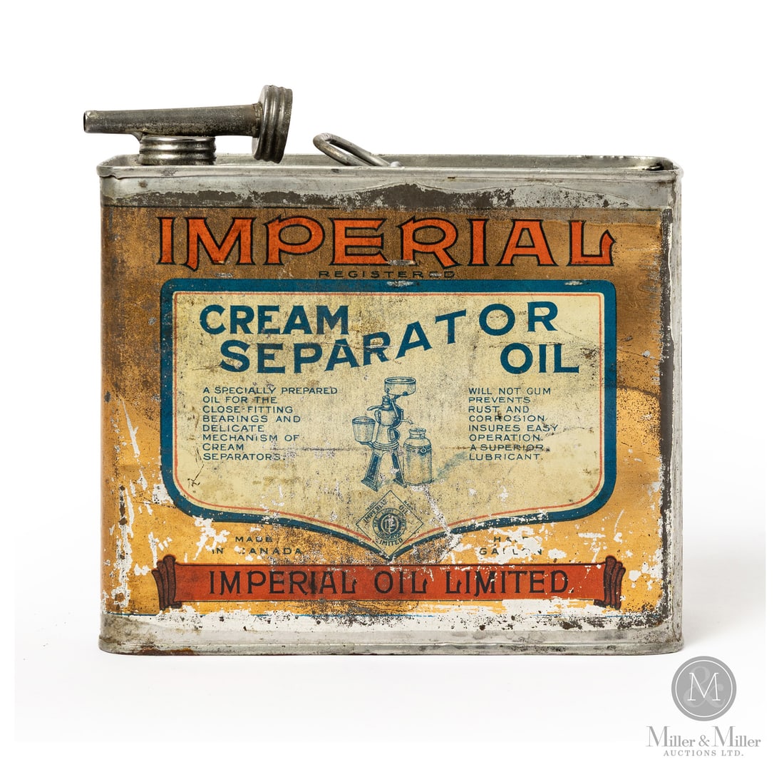 Imperial Oil Cream Separator Oil 1/2 Gallon Tin: Made in Canada. 1930 - 1940. Lithographed Tin. Specialized farm lubricant for cream separators. Marked, "MACDONALD MANUFACTURING COMPANY LTD." lower edge. Authenticated by The Authentication Company (
