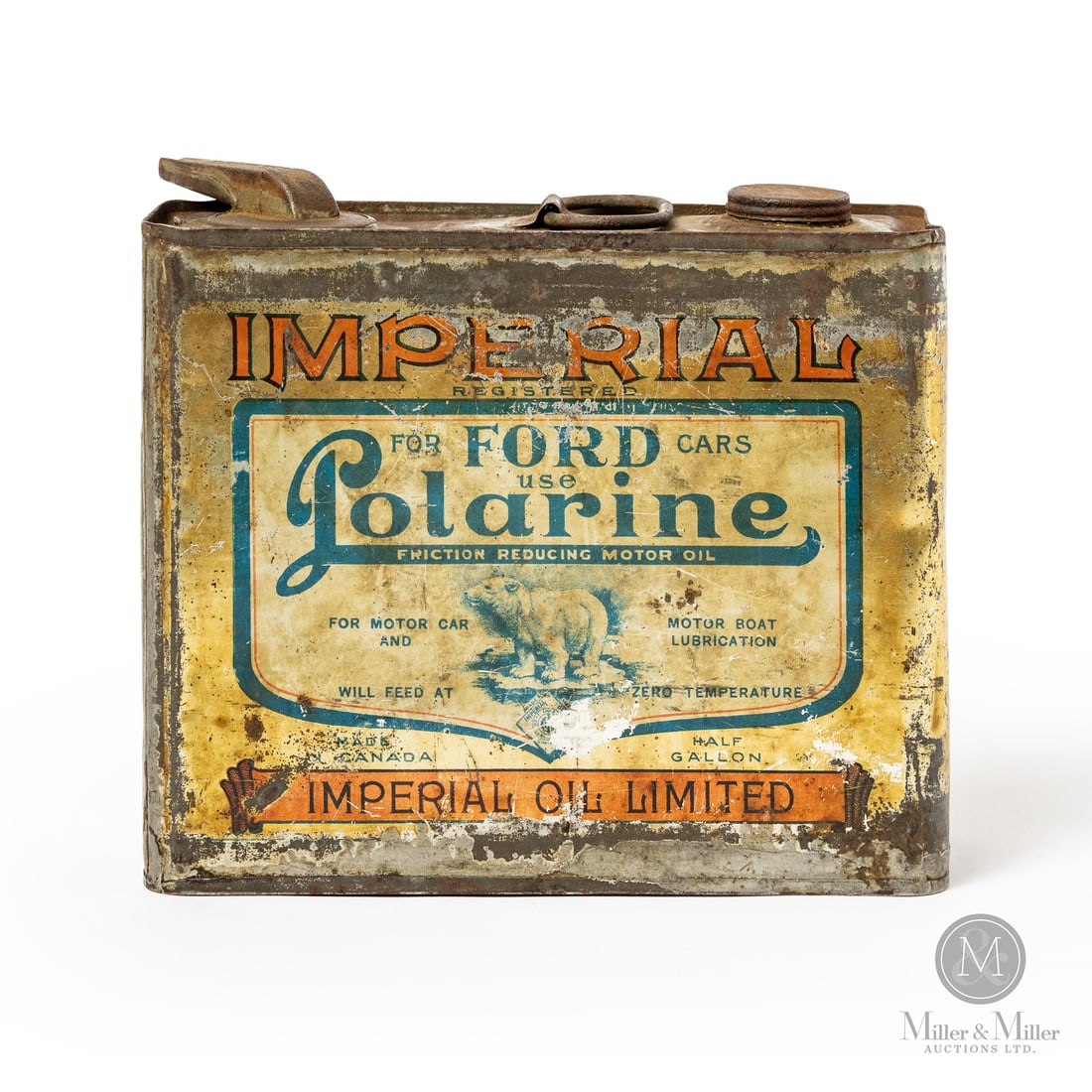 Imperial Oil FORD Polarine Motor Oil 1/2 Gallon Tin: Made in Canada. 1930 - 1940. Lithographed Tin. This early piece of automobilia was specifically tailored to tap into the booming market of Model T owners during the rapid expansion of the automotive i