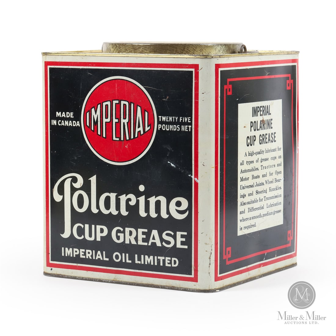 Imperial Polarine Cup Grease 25 lb. Tin: Made in Canada. 1920–1930. Lithographed Tin. Features the iconic Imperial Oil “red ball” (red dot) logo. Polarine was a key Imperial/Standard Oil grease/oil brand of the era. Marked,