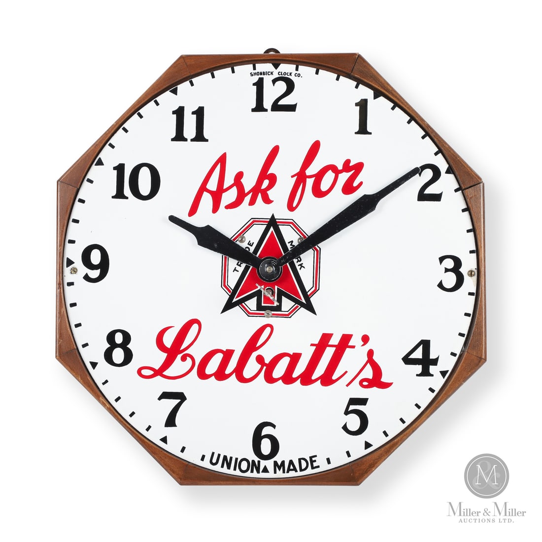 Ask For Labatt's Key Wind Clock: Made in Canada. 1930 - 1940. Single-sided porcelain (SSP). Porcelain dial. The scarcer circular keywind version of this advertising clock. Featuring the slogan, "Ask for Labatt's". Features