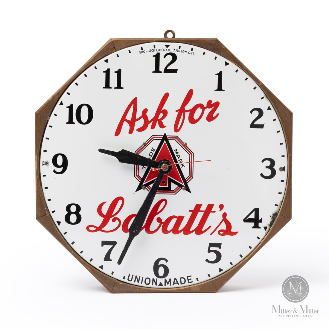 Ask For Labatt's Beer Advertising Clock: Made in Canada. 1940 - 1950. Single-sided porcelain (SSP). Porcelain dial. The plug in version of this advertising clock. Featuring the slogan, "Ask for Labatt's". Features baton-style hands.